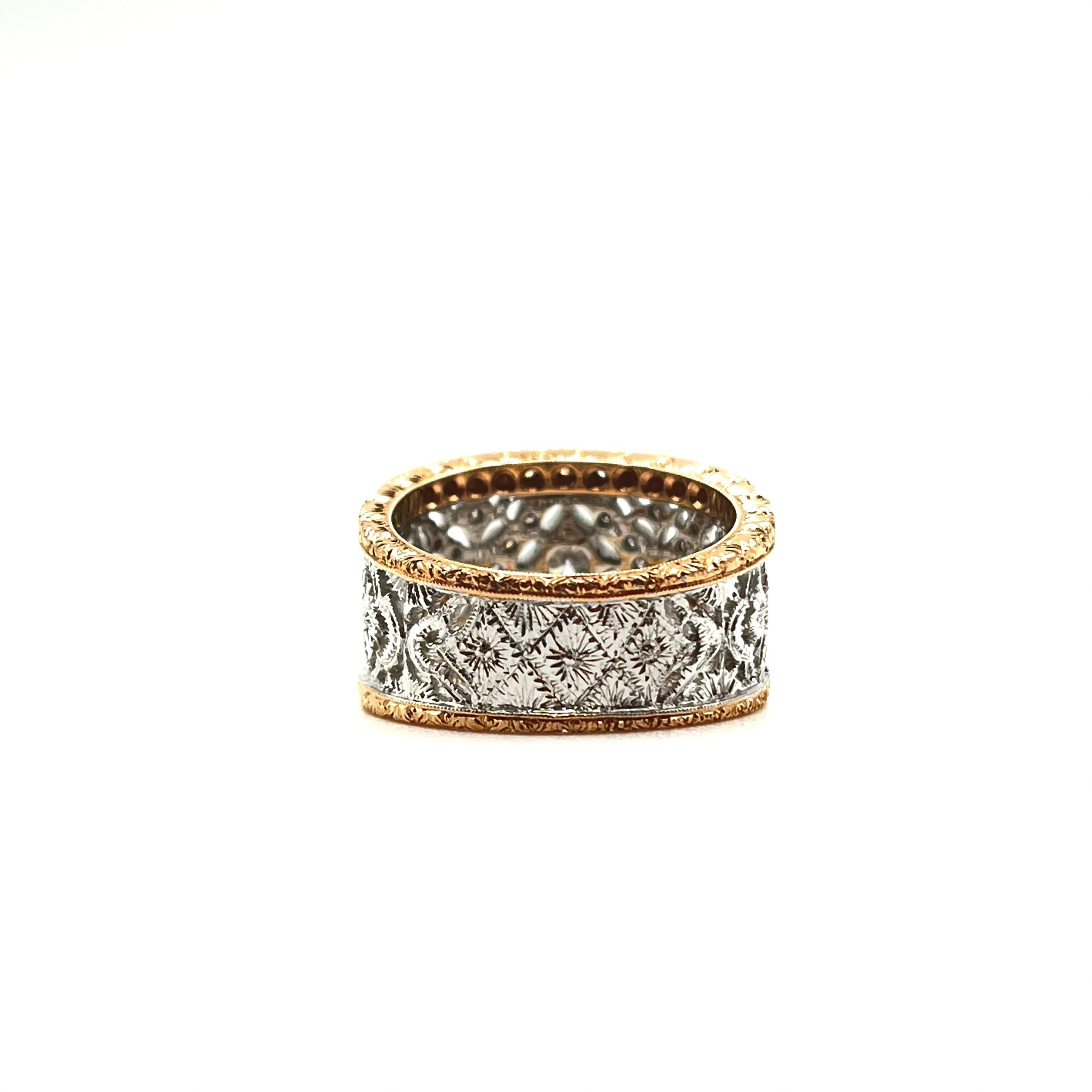 Women's 18KT Florentine Engraved Rose & White Gold Diamond Lattice Band For Sale