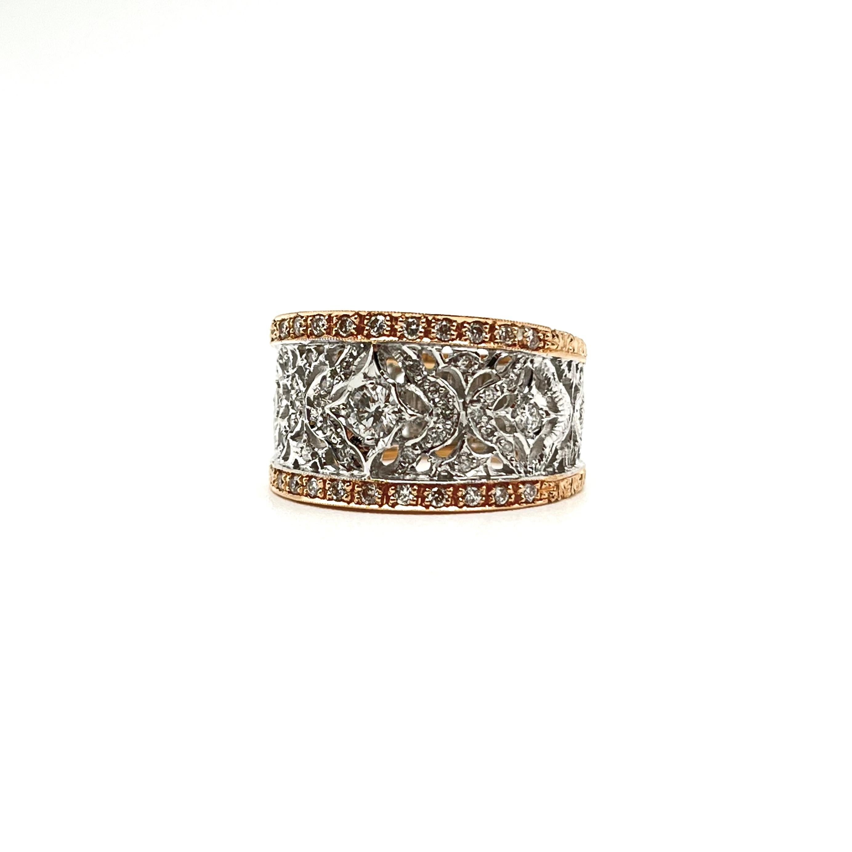 18KT Florentine Engraved Rose & White Gold Diamond Lattice Band For Sale 1