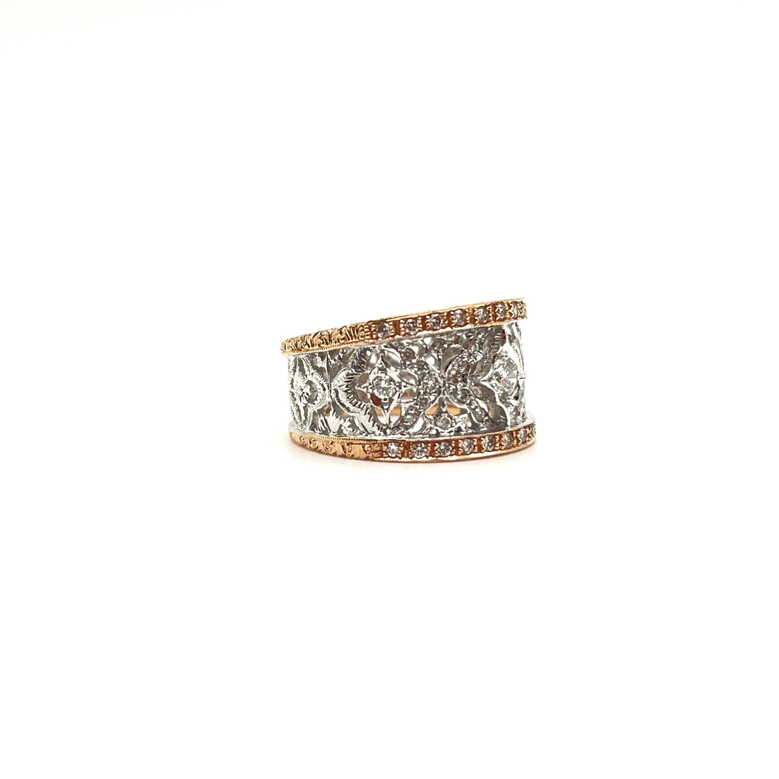 18KT Florentine Engraved Rose & White Gold Diamond Lattice Band For Sale 2