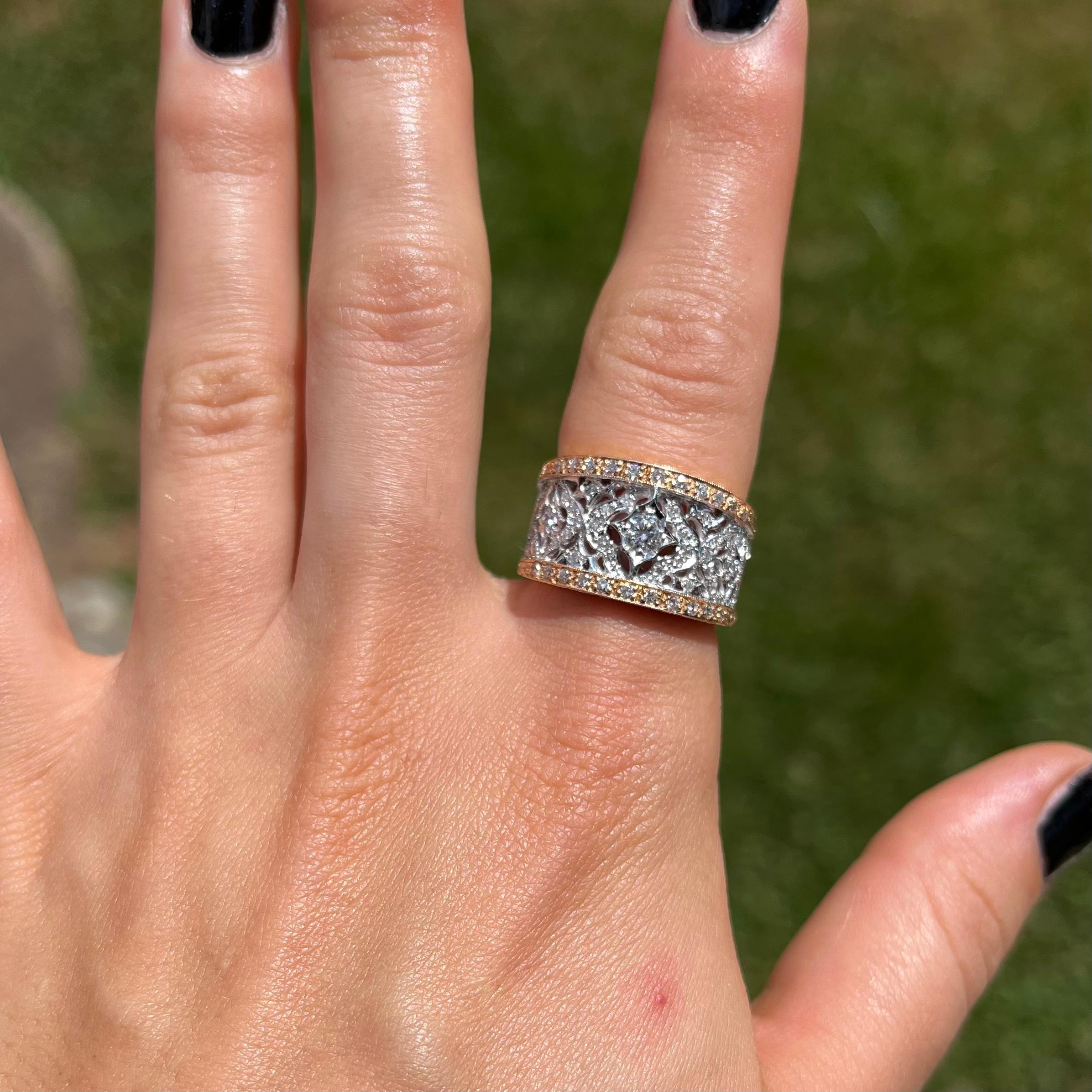 18KT Florentine Engraved Rose & White Gold Diamond Lattice Band For Sale 3