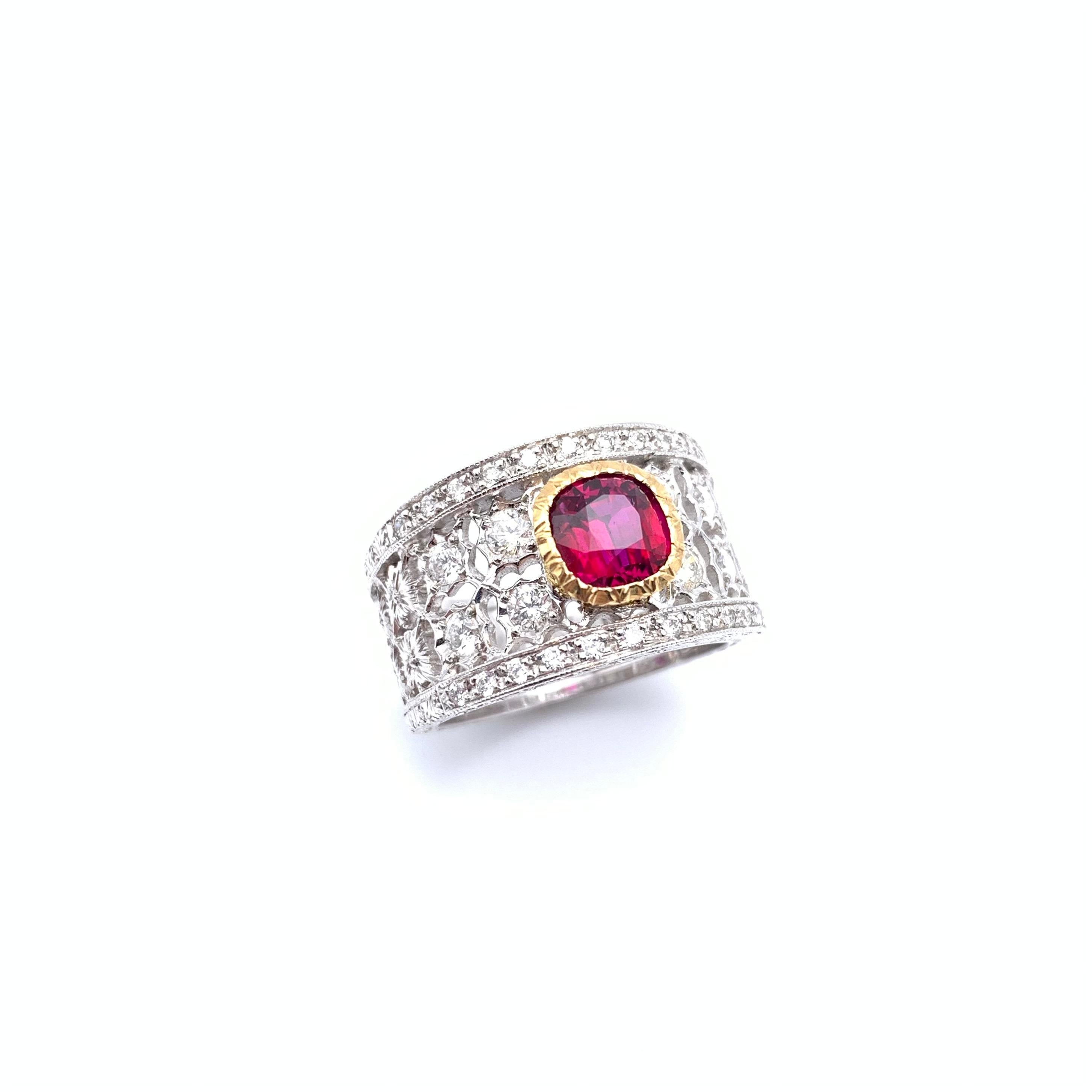 18KT Florentine Engraved Ruby and Diamond Ring For Sale 4