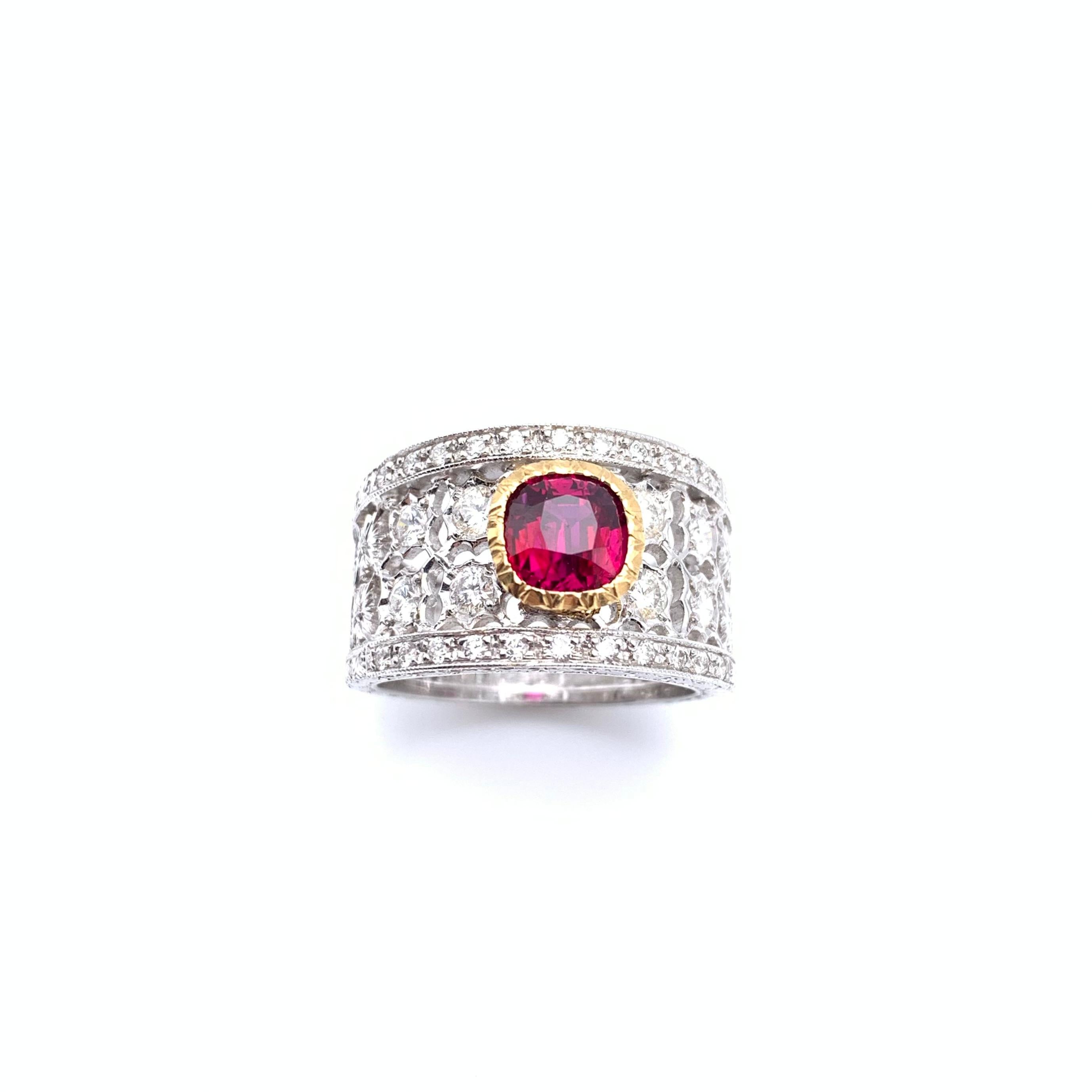 Regency 18KT Florentine Engraved Ruby and Diamond Ring For Sale