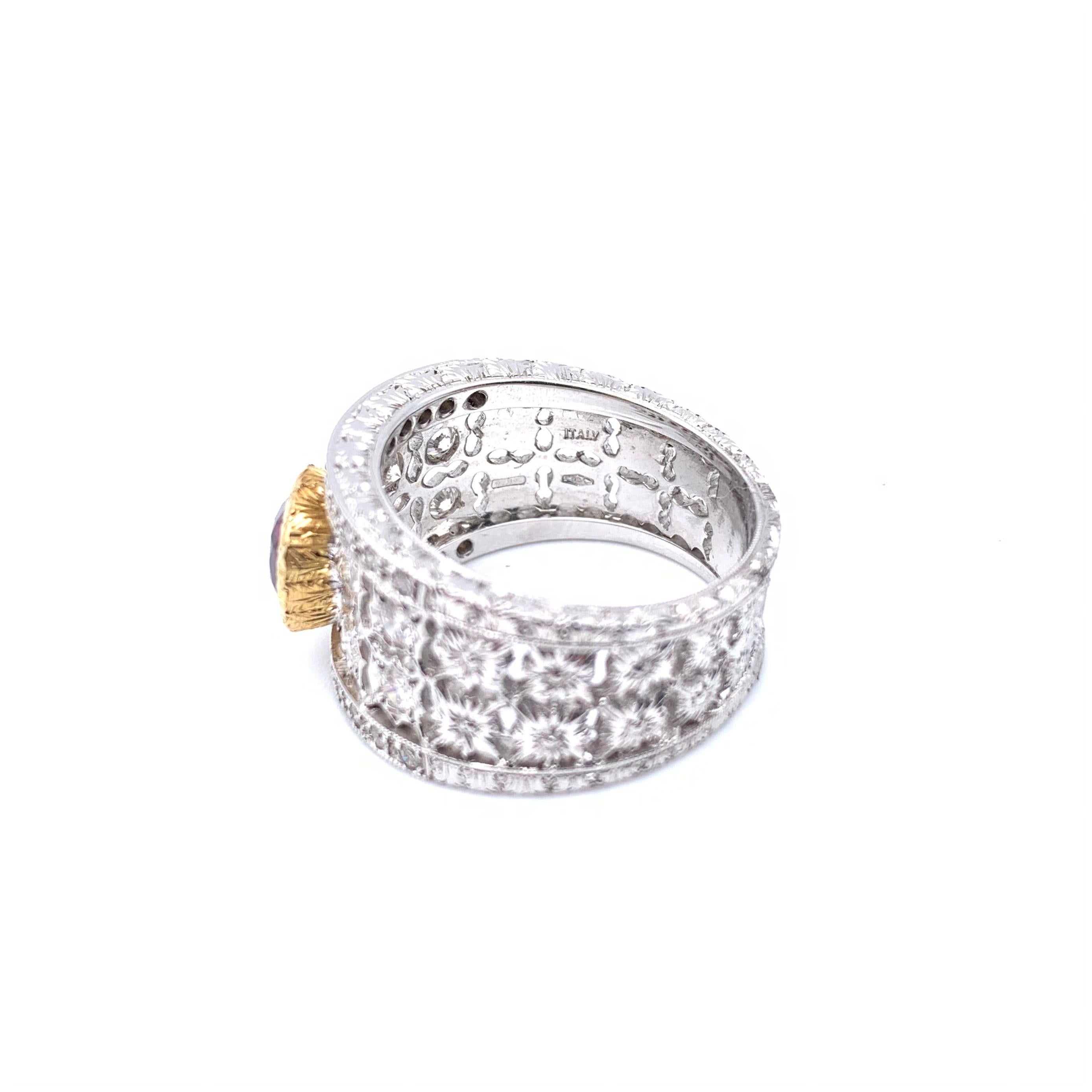 18KT Florentine Engraved Ruby and Diamond Ring In Excellent Condition For Sale In Lynchburg, VA