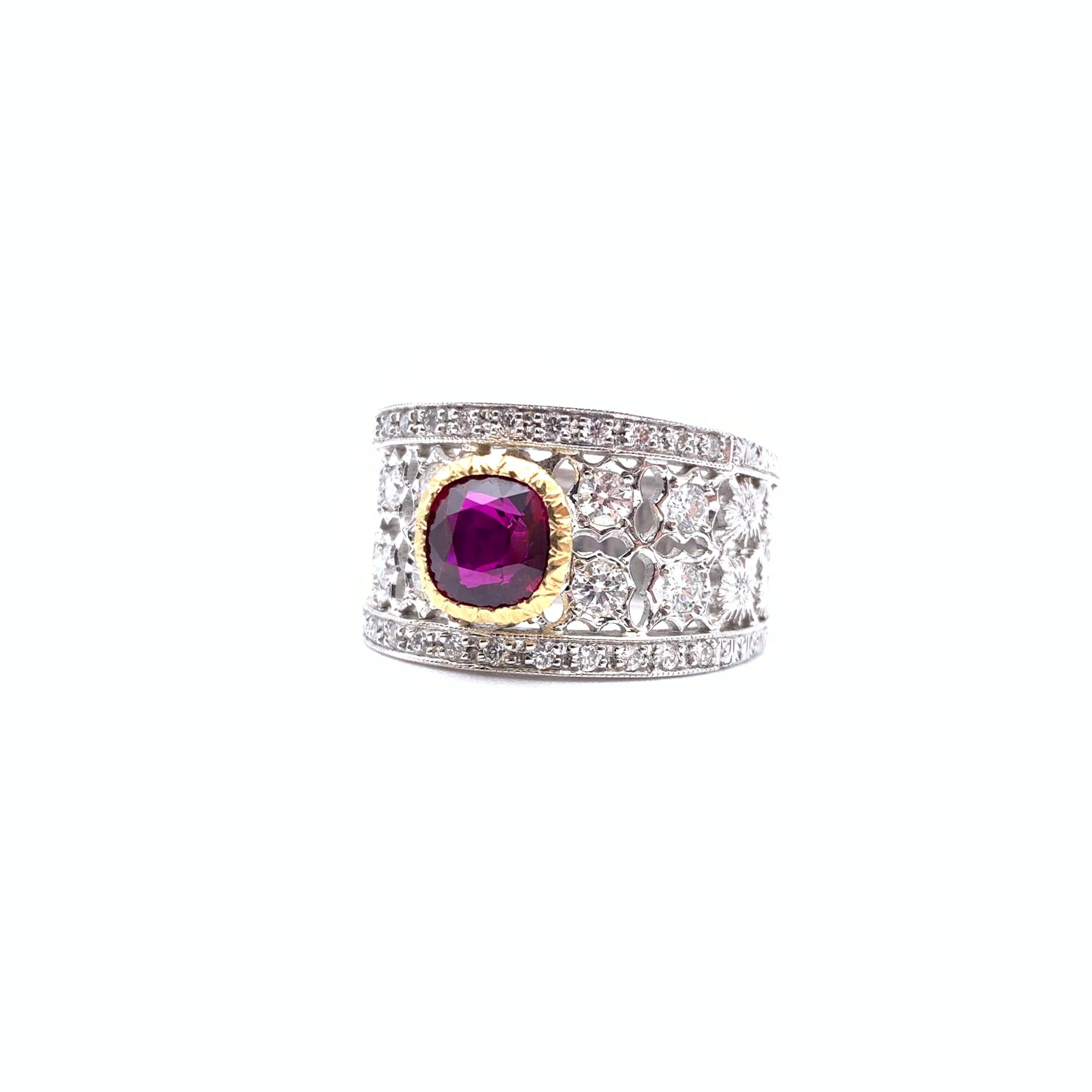 Women's 18KT Florentine Engraved Ruby and Diamond Ring For Sale