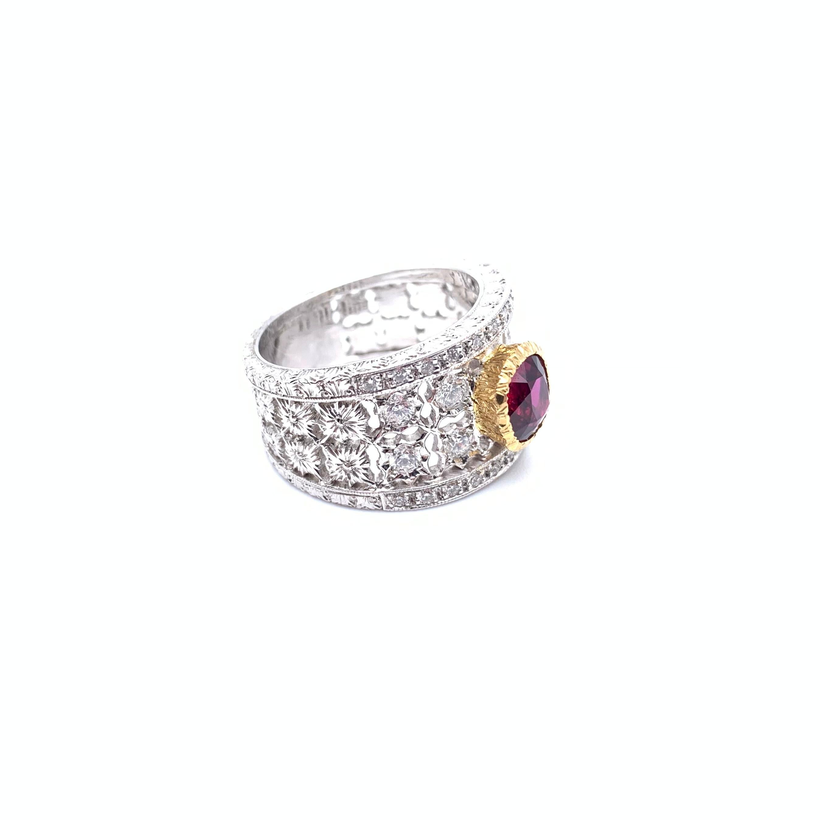18KT Florentine Engraved Ruby and Diamond Ring For Sale 2