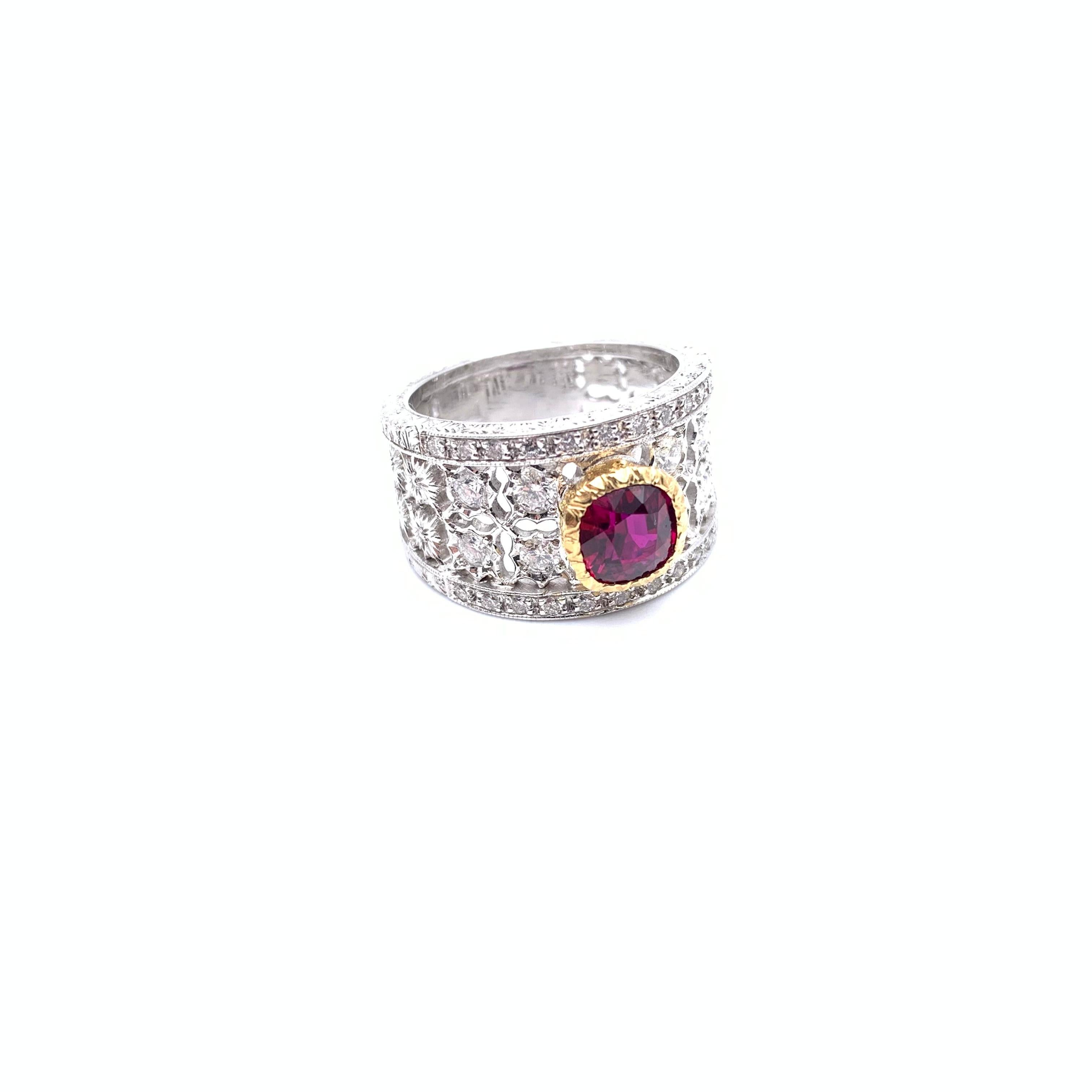 18KT Florentine Engraved Ruby and Diamond Ring For Sale 3