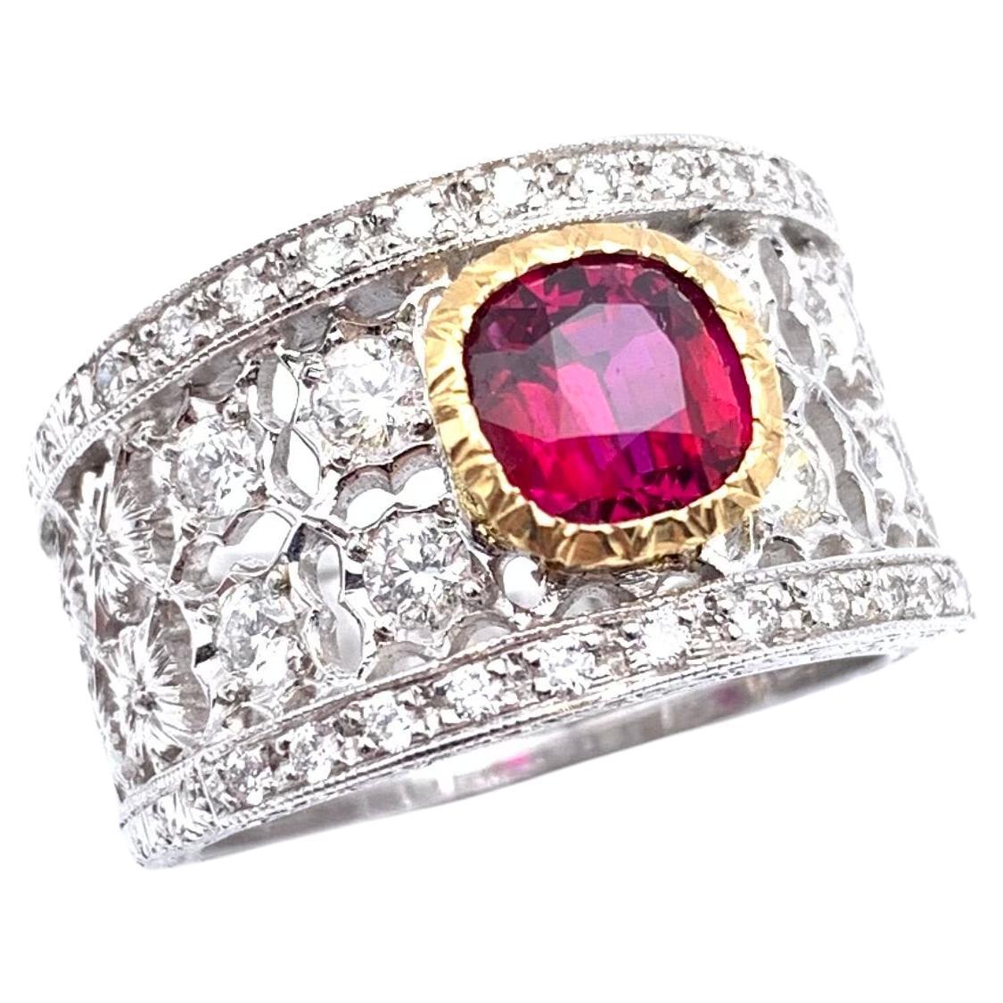 18KT Florentine Engraved Ruby and Diamond Ring