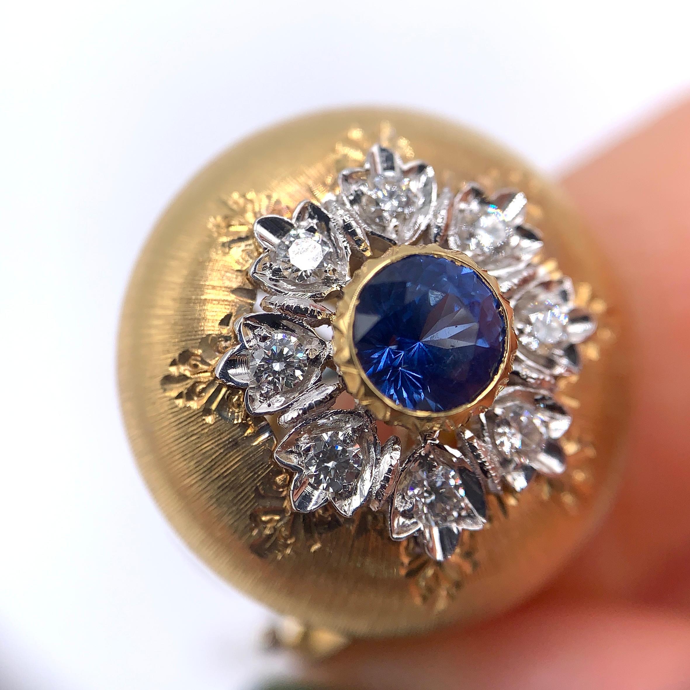 Round Cut 18KT Florentine Engraved Sapphire & Diamond Earrings For Sale