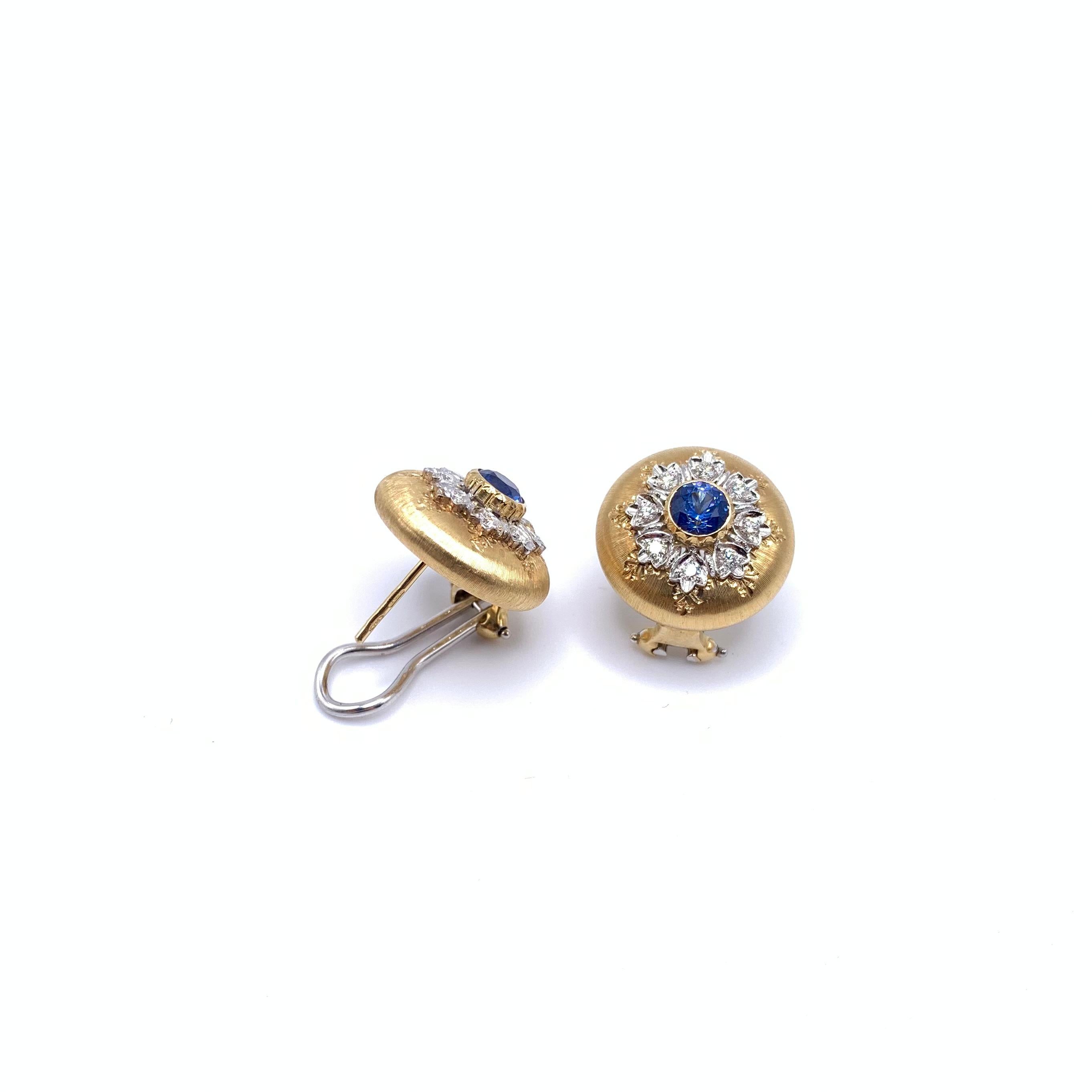 18KT Florentine Engraved Sapphire & Diamond Earrings For Sale 1