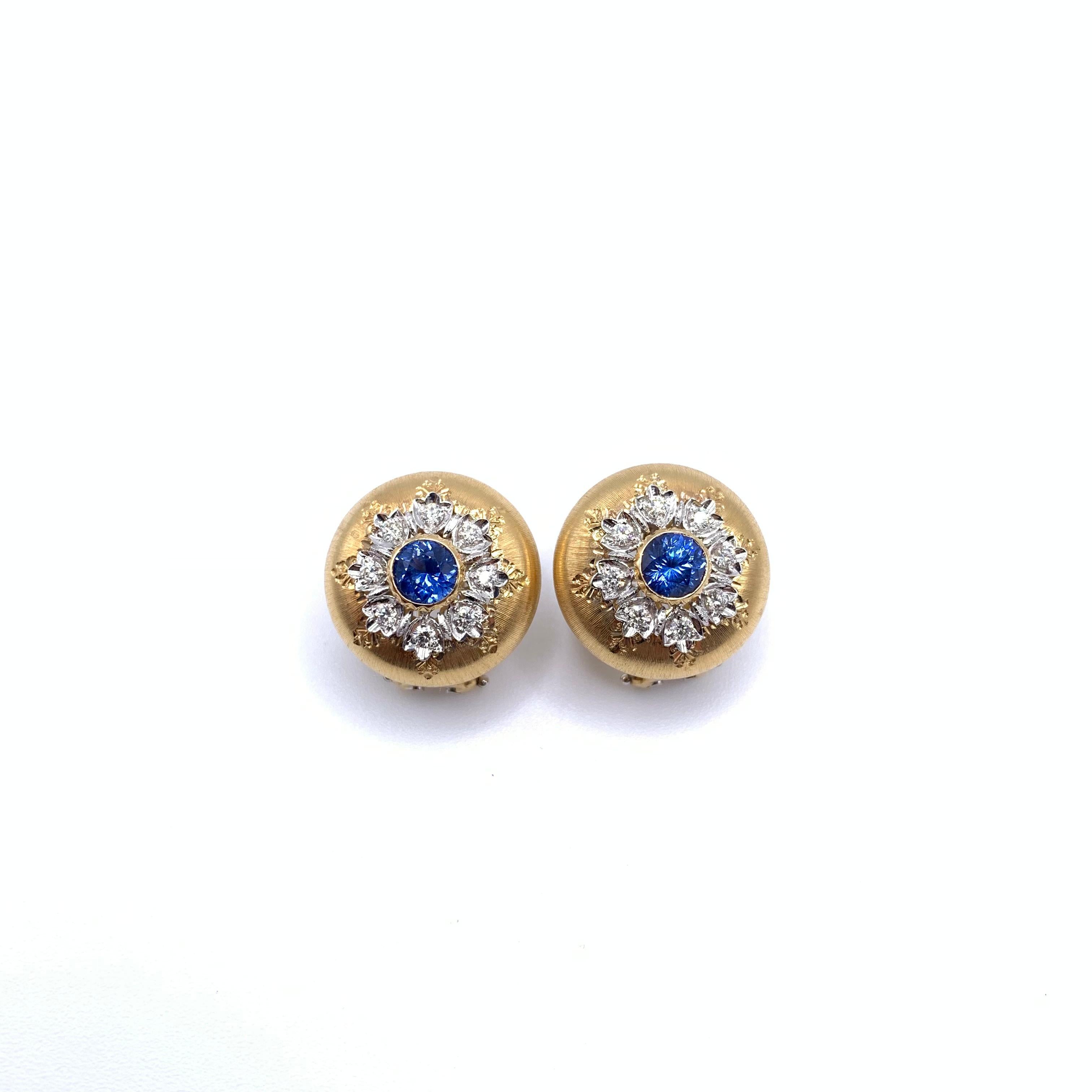 18KT Florentine Engraved Sapphire & Diamond Earrings For Sale 2