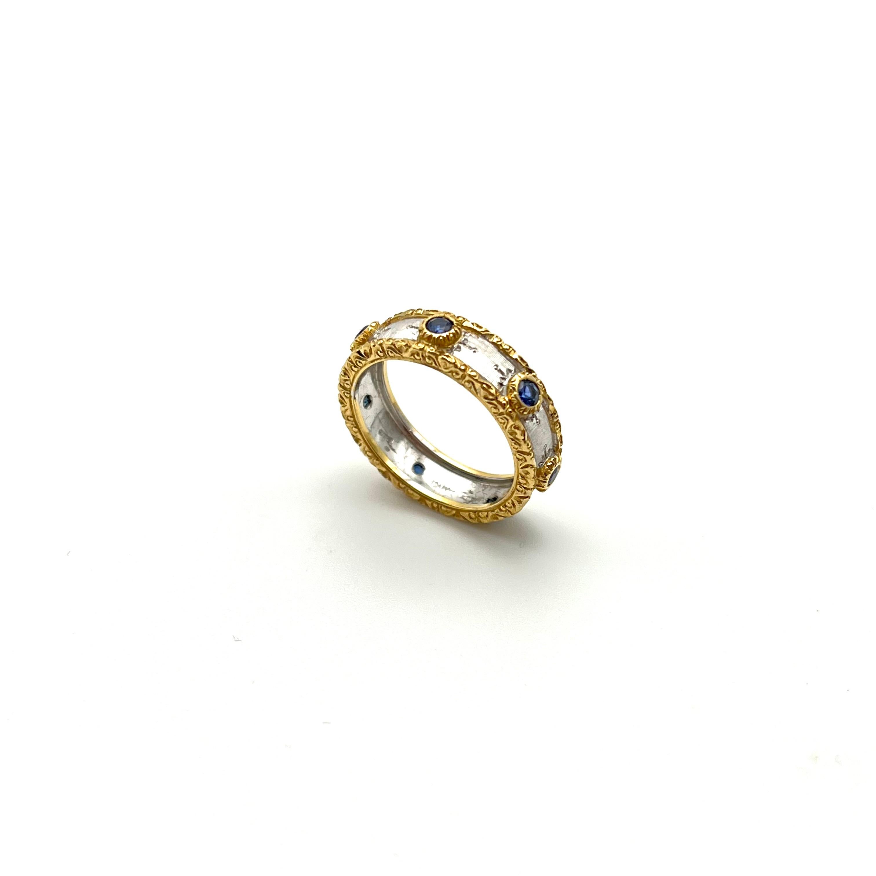 Round Cut 18KT Florentine Engraved Sapphire Eternity Band For Sale