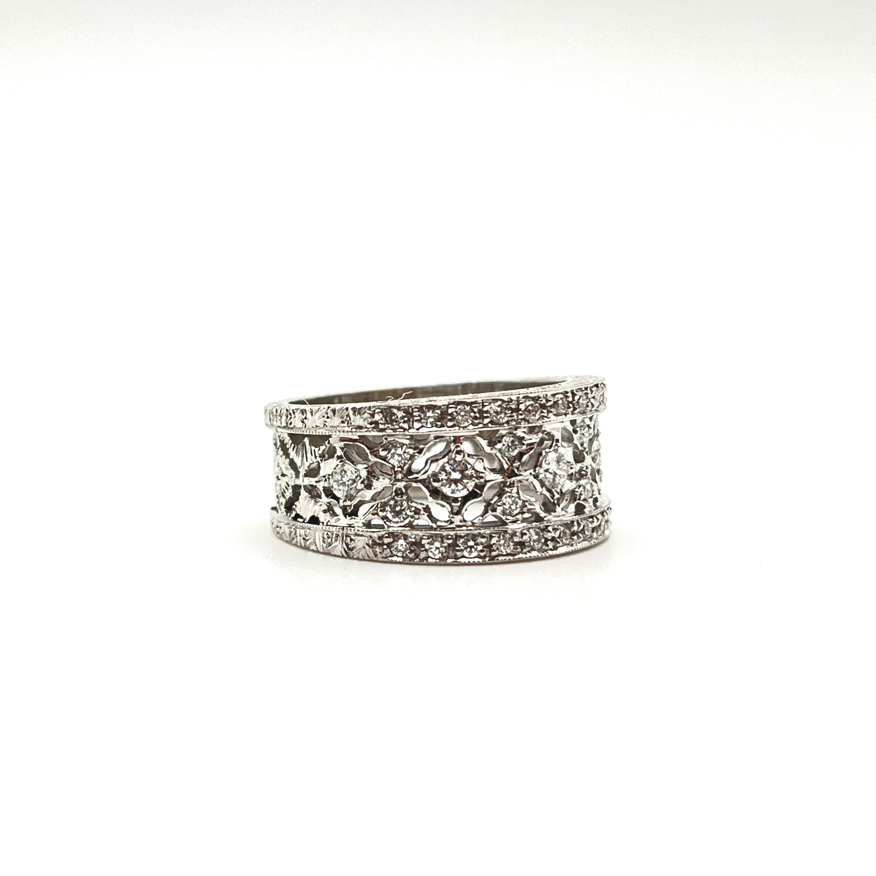 Women's 18KT Florentine Engraved Tapered Diamond Band For Sale