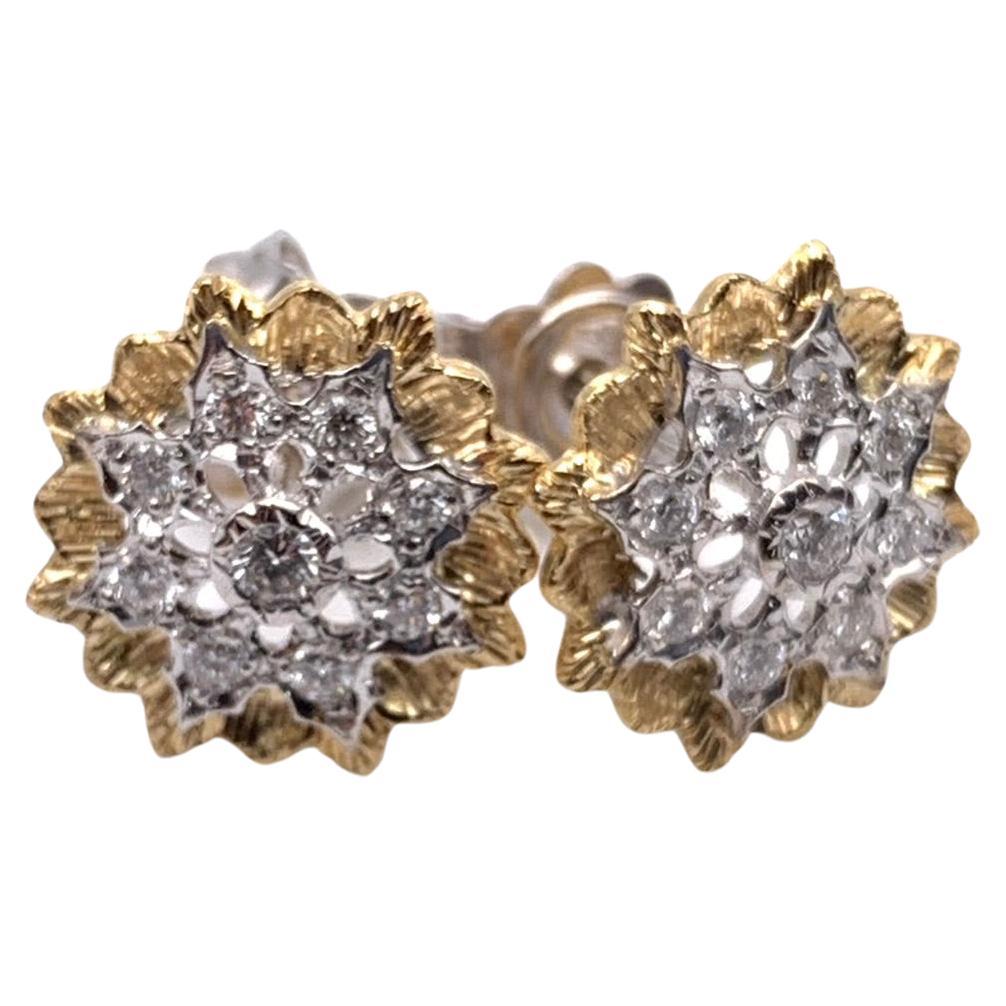 18KT Florentine Engraved Two-Toned Diamond Studs