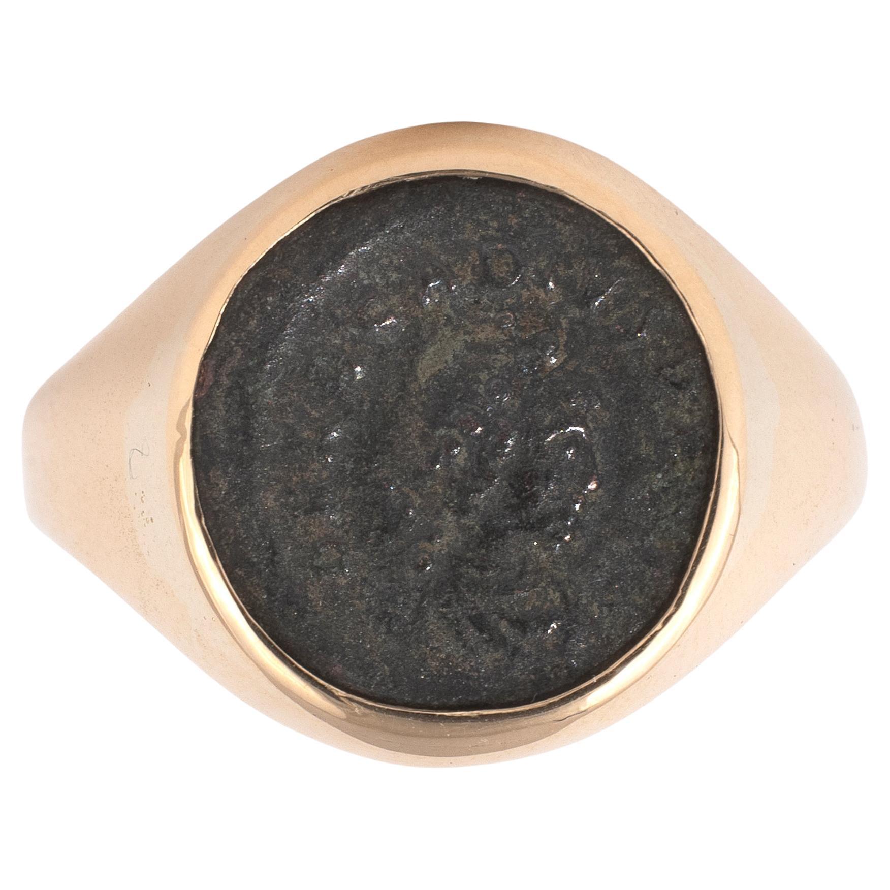 Women's or Men's 18kt Gold And Early Byzantine Bronze Follis Coin Ring Circa 527-565 D.C.