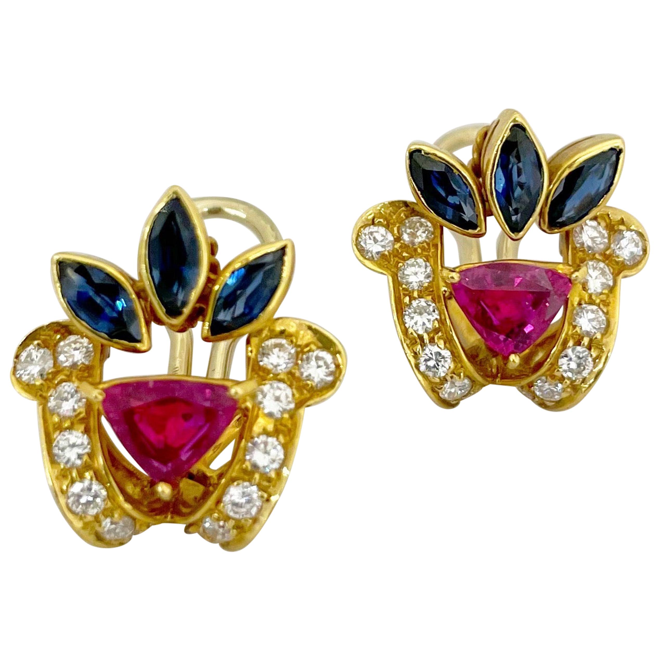 18KT Gold, 1.78 Carat Ruby, 1.59 Carat Sapphire, and .81 Carat Diamond Earrings For Sale