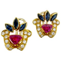 Vintage 18KT Gold, 1.78 Carat Ruby, 1.59 Carat Sapphire, and .81 Carat Diamond Earrings