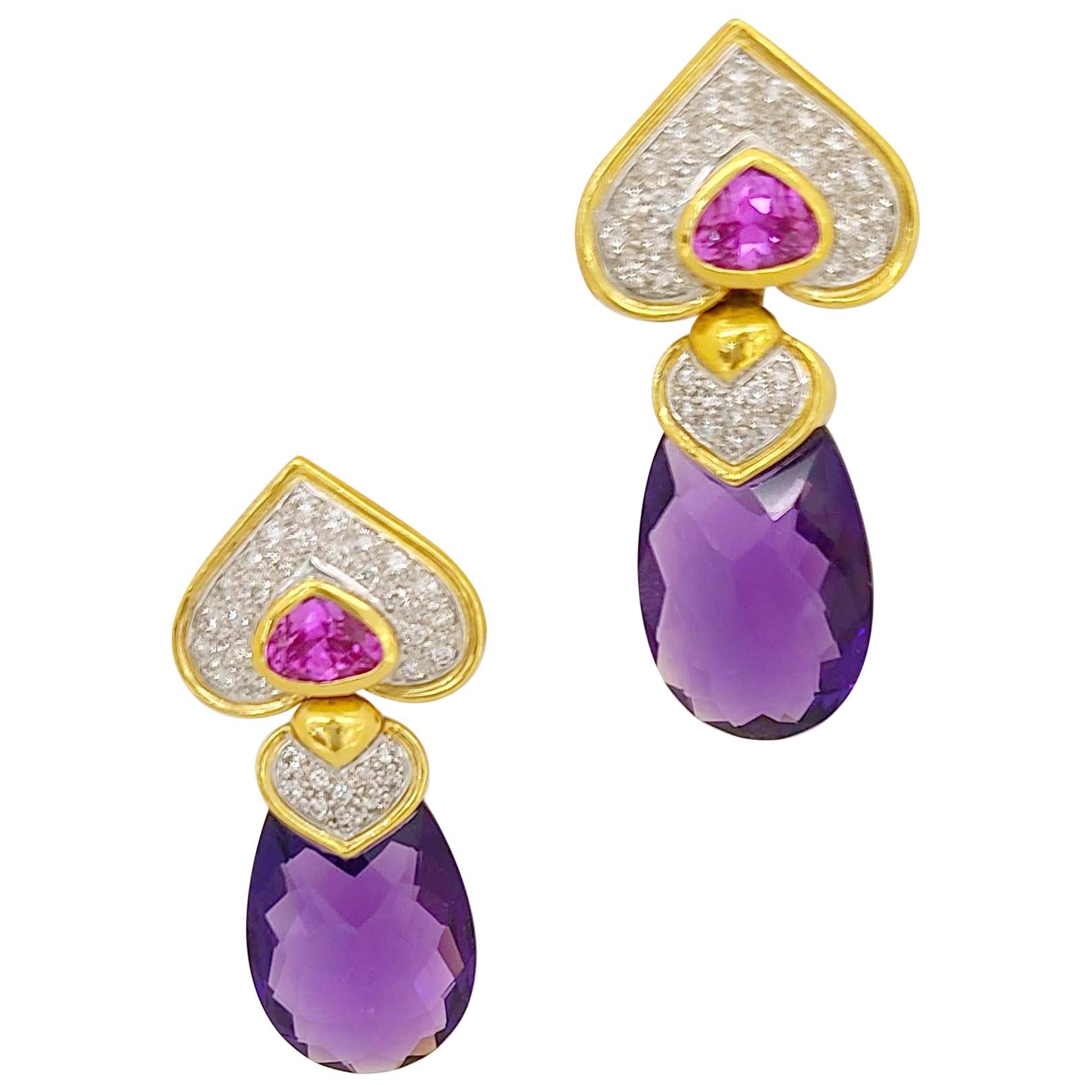 18KT Gold, 34.3Ct. Amethyst, 3.07Ct. Pink Tourmaline and Diamond Drop Earrings For Sale