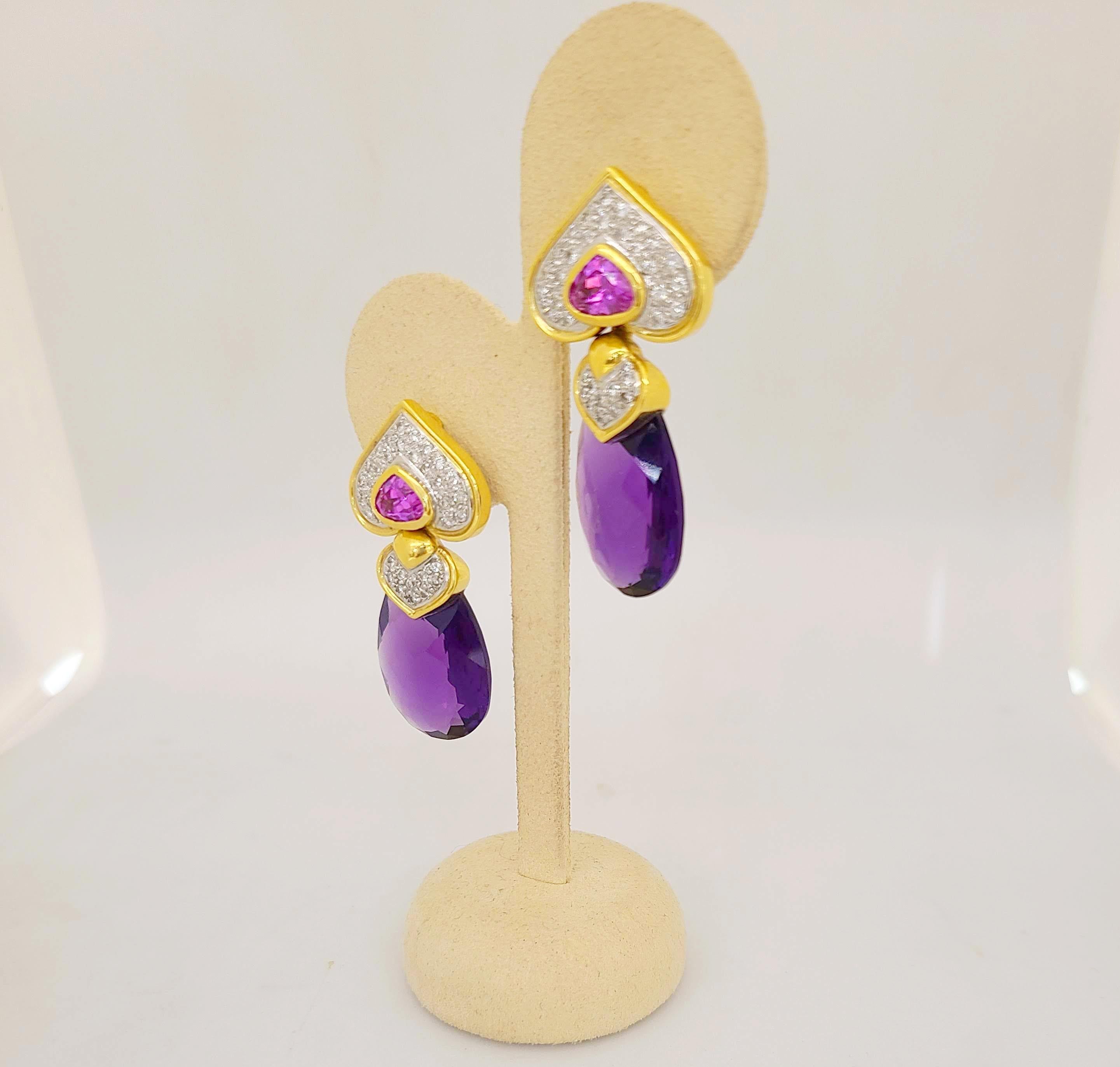 Contemporary 18KT Gold, 34.3Ct. Amethyst, 3.07Ct. Pink Tourmaline and Diamond Drop Earrings For Sale