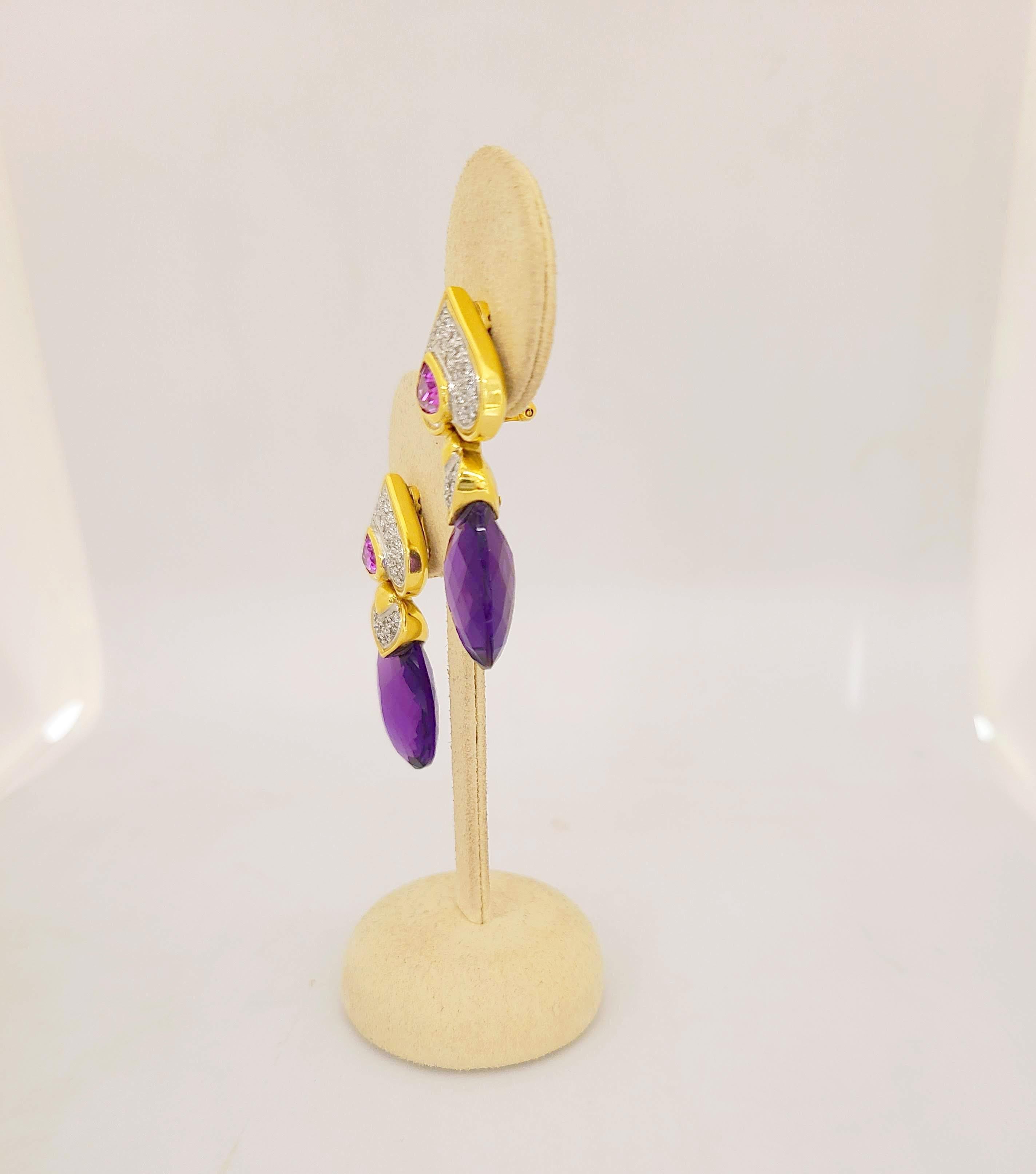 18KT Gold, 34.3Ct. Amethyst, 3.07Ct. Pink Tourmaline and Diamond Drop Earrings In New Condition For Sale In New York, NY