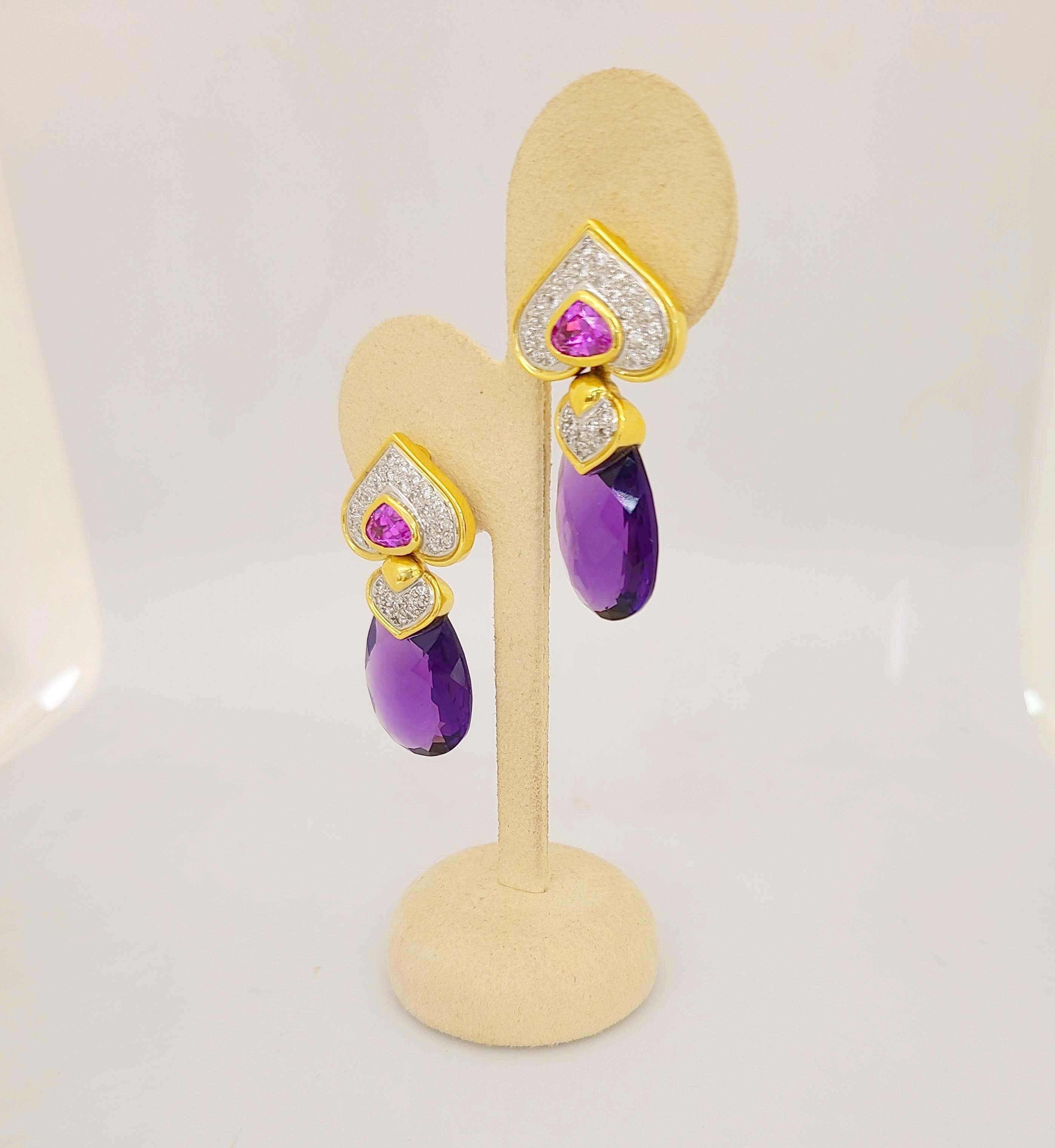 Women's or Men's 18KT Gold, 34.3Ct. Amethyst, 3.07Ct. Pink Tourmaline and Diamond Drop Earrings For Sale