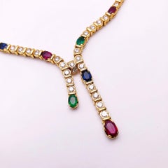 18KT Gold, 4.97ct. Diamond & Oval Sapphire, Ruby, Emerald Lariat Style Necklace