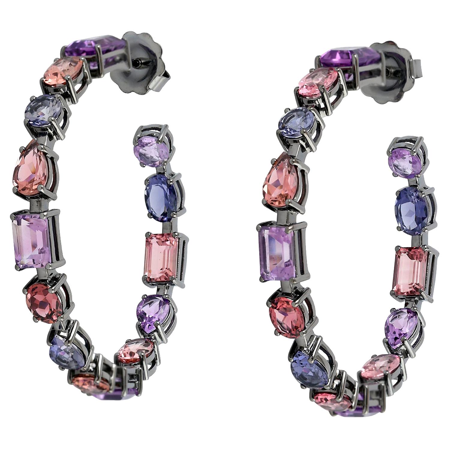 18kt Gold 8.20CT Amethyst 3.20CT Iolite 9.25CT Tourmaline Hoop Earrings Modern