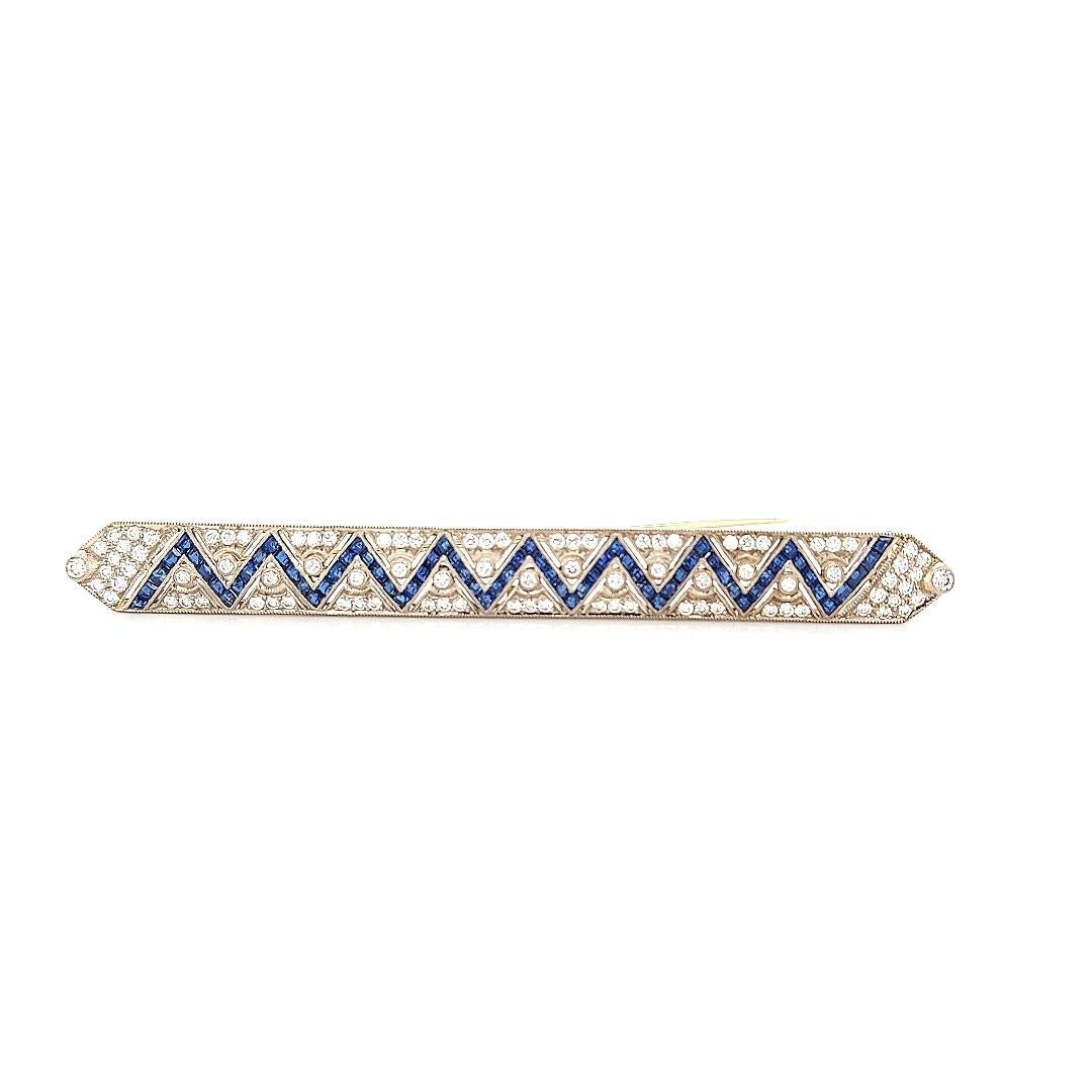 Women's or Men's 18kt Gold Large Brooch with Zig Zag Sapphires and Diamonds For Sale