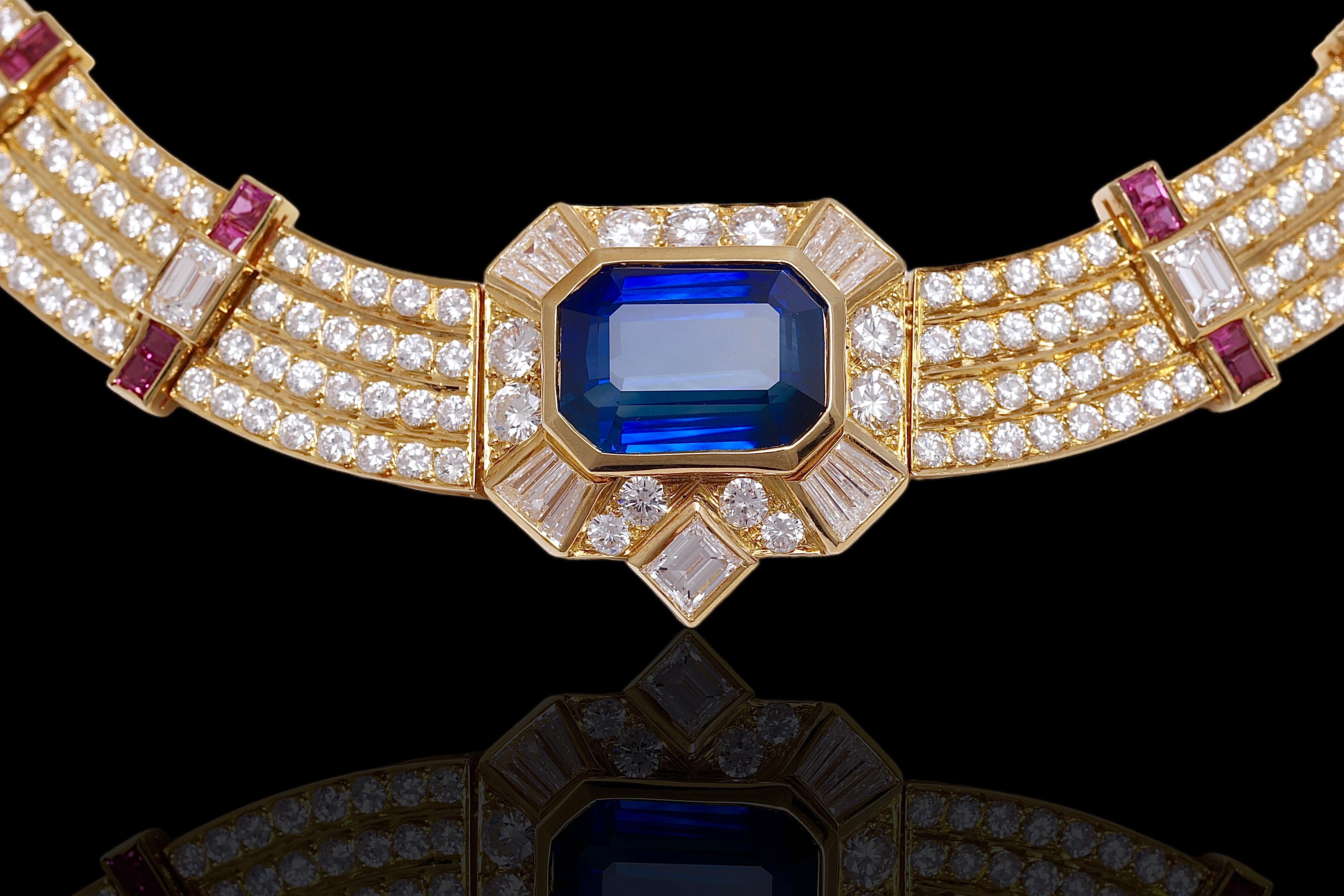 Emerald Cut 18k Gold Adler Genèva Sapphire & Diamond Necklace, Estate Sultan Oman, GRS cert. For Sale