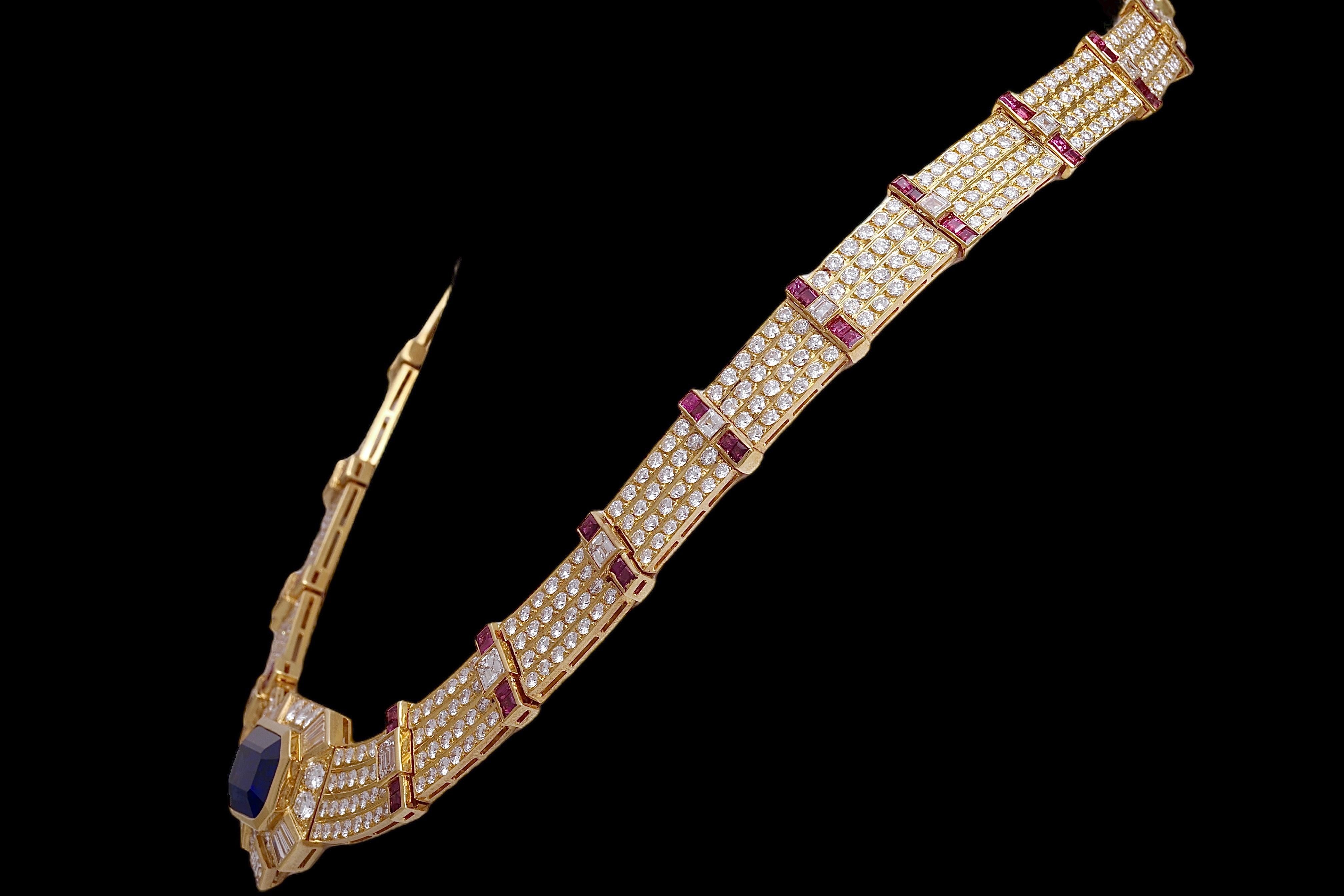 Women's or Men's 18k Gold Adler Genèva Sapphire & Diamond Necklace, Estate Sultan Oman, GRS cert. For Sale