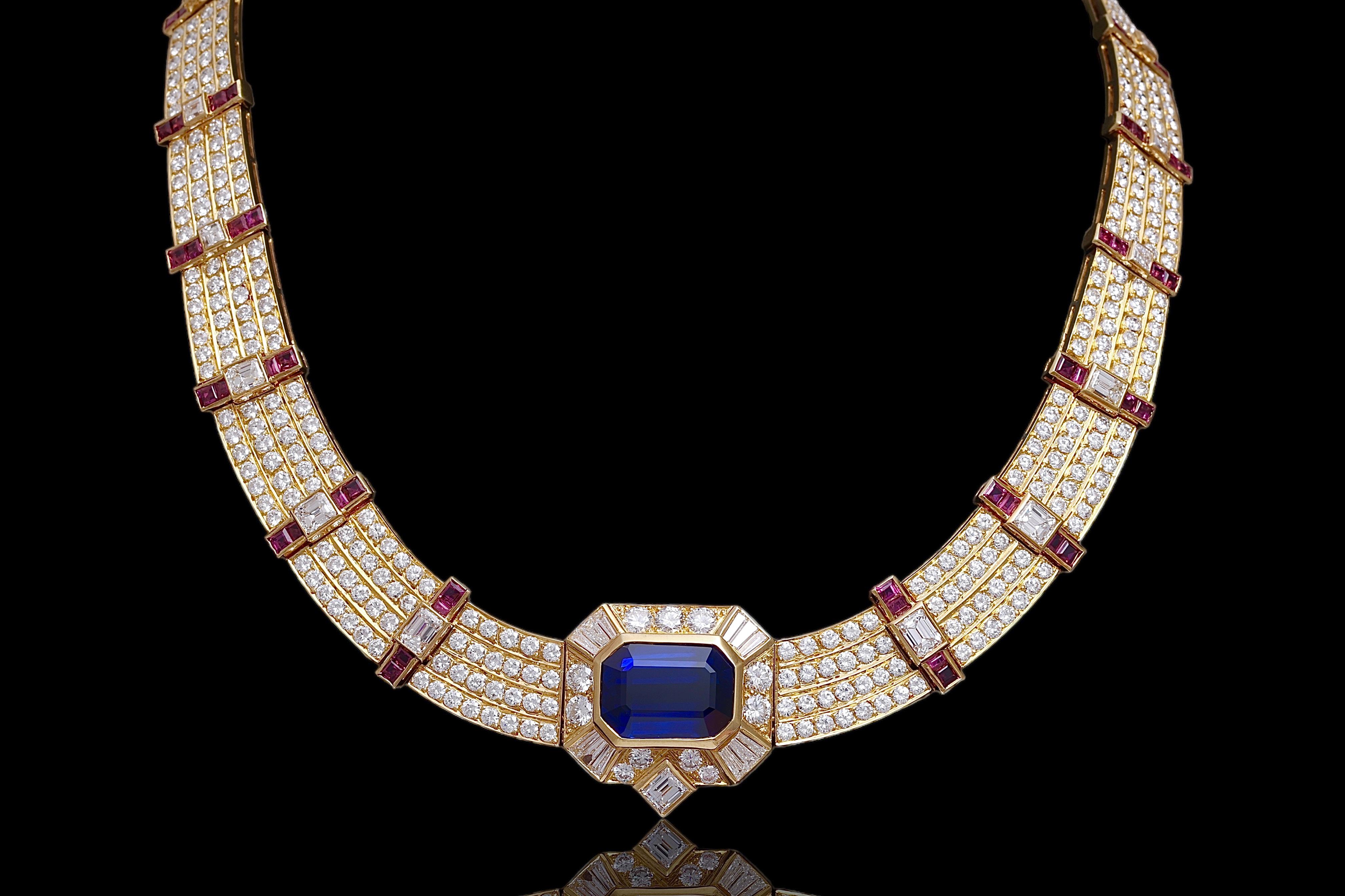 18k Gold Adler Genèva Sapphire & Diamond Necklace, Estate Sultan Oman, GRS cert. For Sale 1