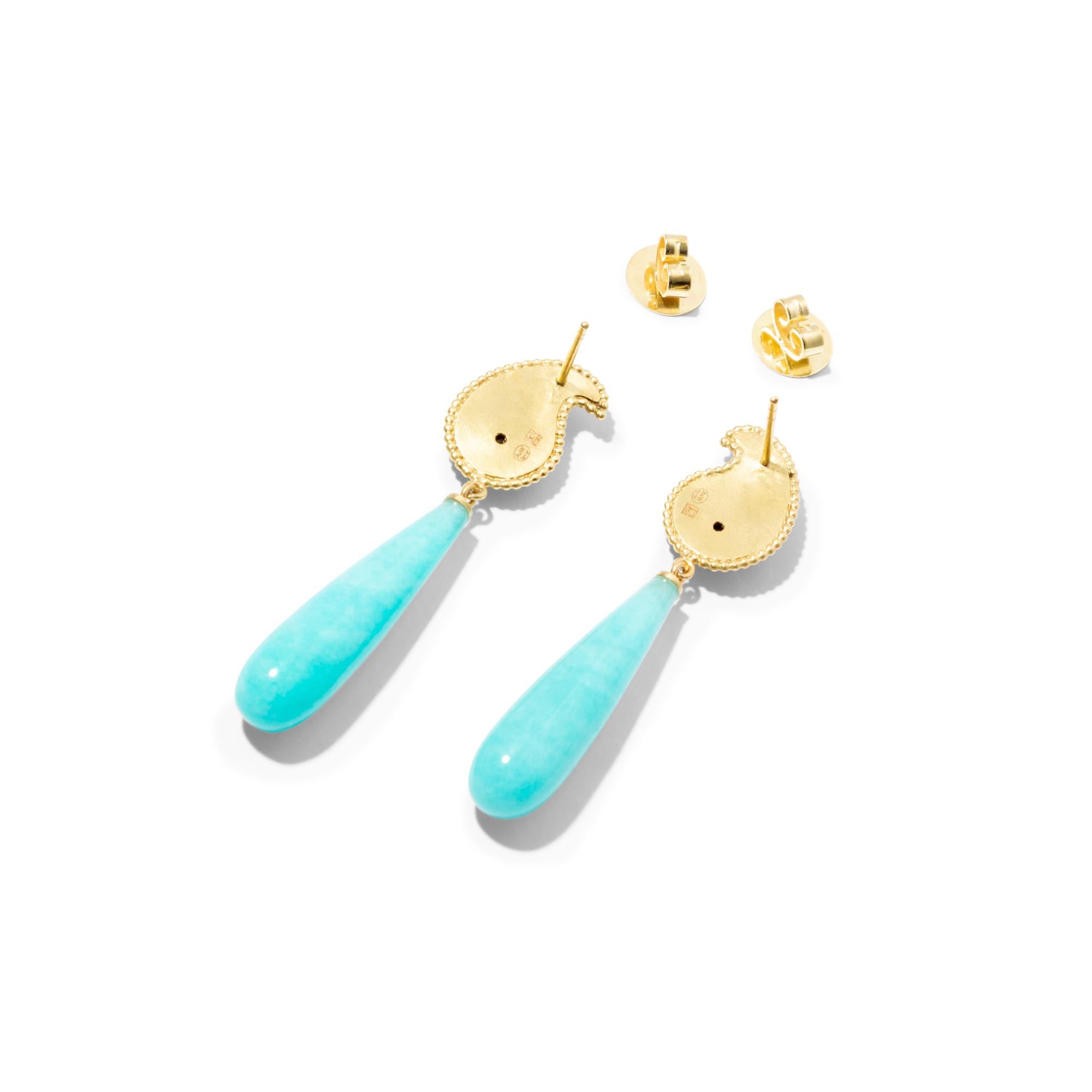 An eye-catching pair of 18k gold earrings with amazonite drops dangling from a paisley motif set with opal doublets. The paisley motif sits neatly on the earlobe covering the pierced hole for a finished look. Let the vibrant color of the amazonite