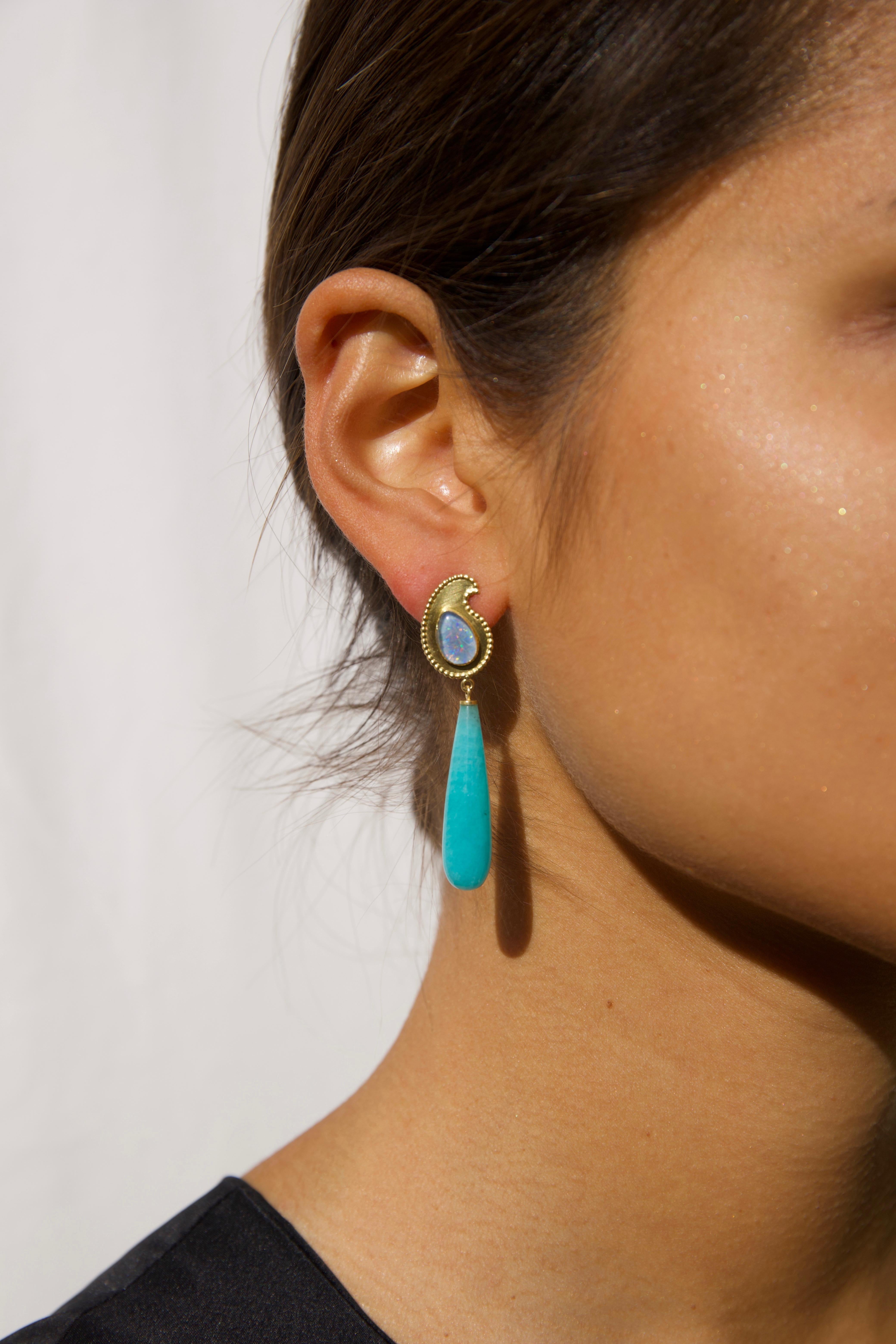 Artisan 18kt Gold Amazonite and Opal Drop Earrings For Sale