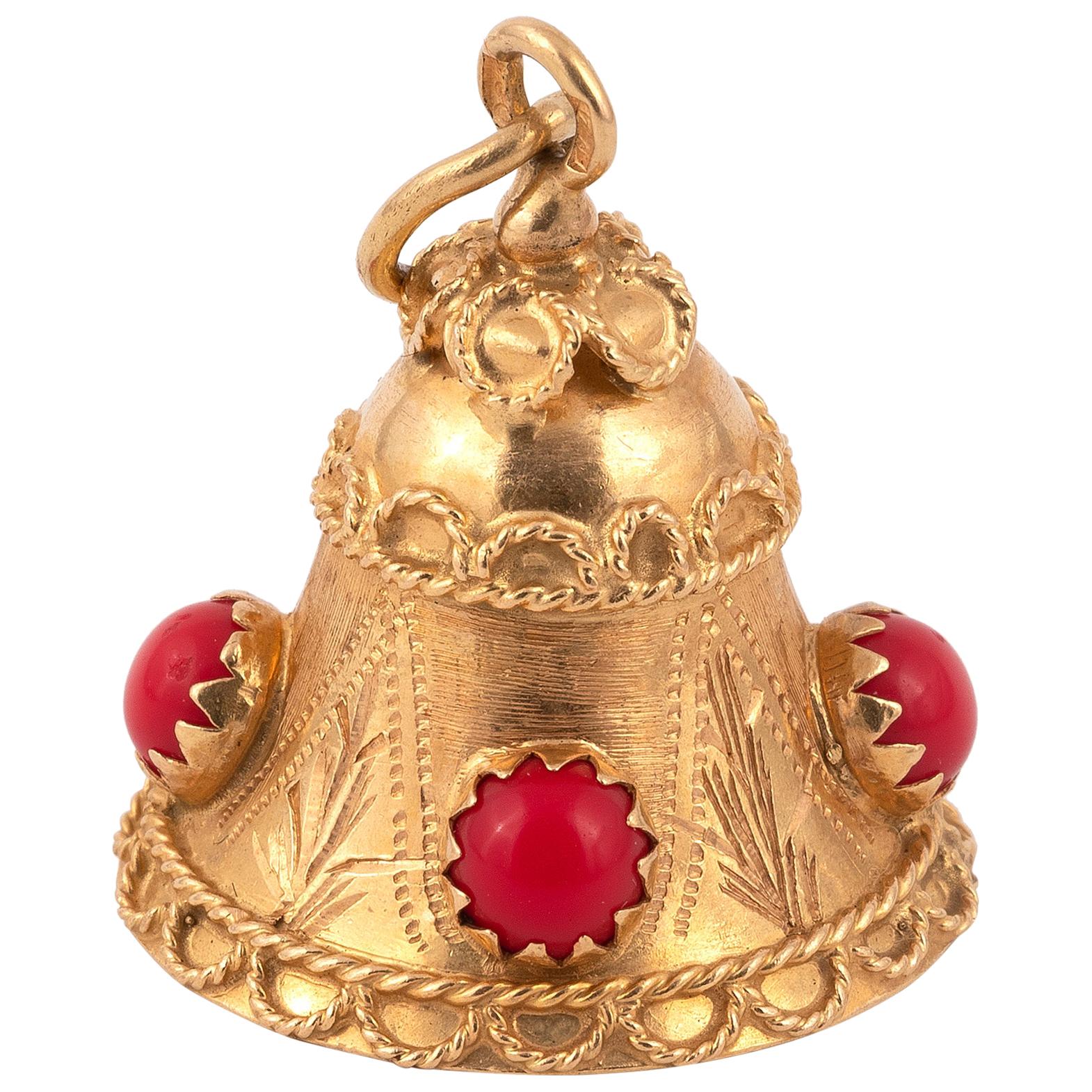 18 Karat Gold and Cabochon Red Glass Bell Charm