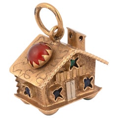 18 Karat Gold and Cabochon Red Glass House Charm