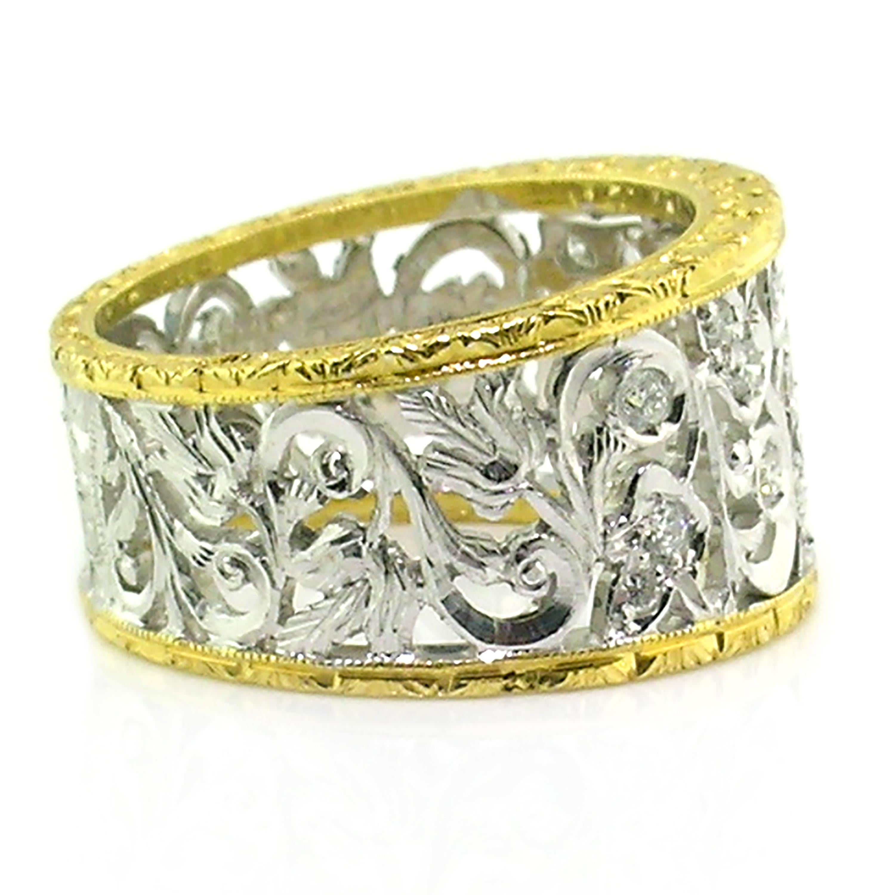 Round Cut 18kt Gold and Diamond Florentine Engraved Band, Handmade in Italy