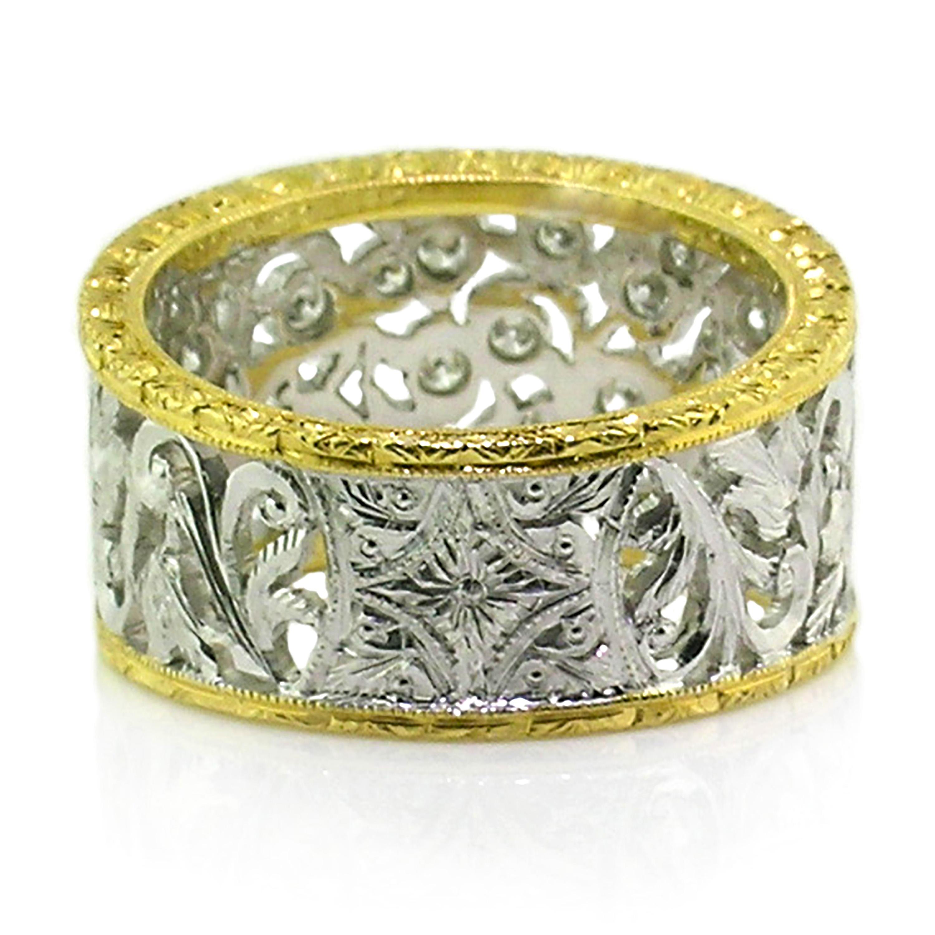 18kt Gold and Diamond Florentine Engraved Band, Handmade in Italy In New Condition In Logan, UT