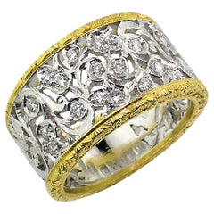 18kt Gold and Diamond Florentine Engraved Band, Handmade in Italy