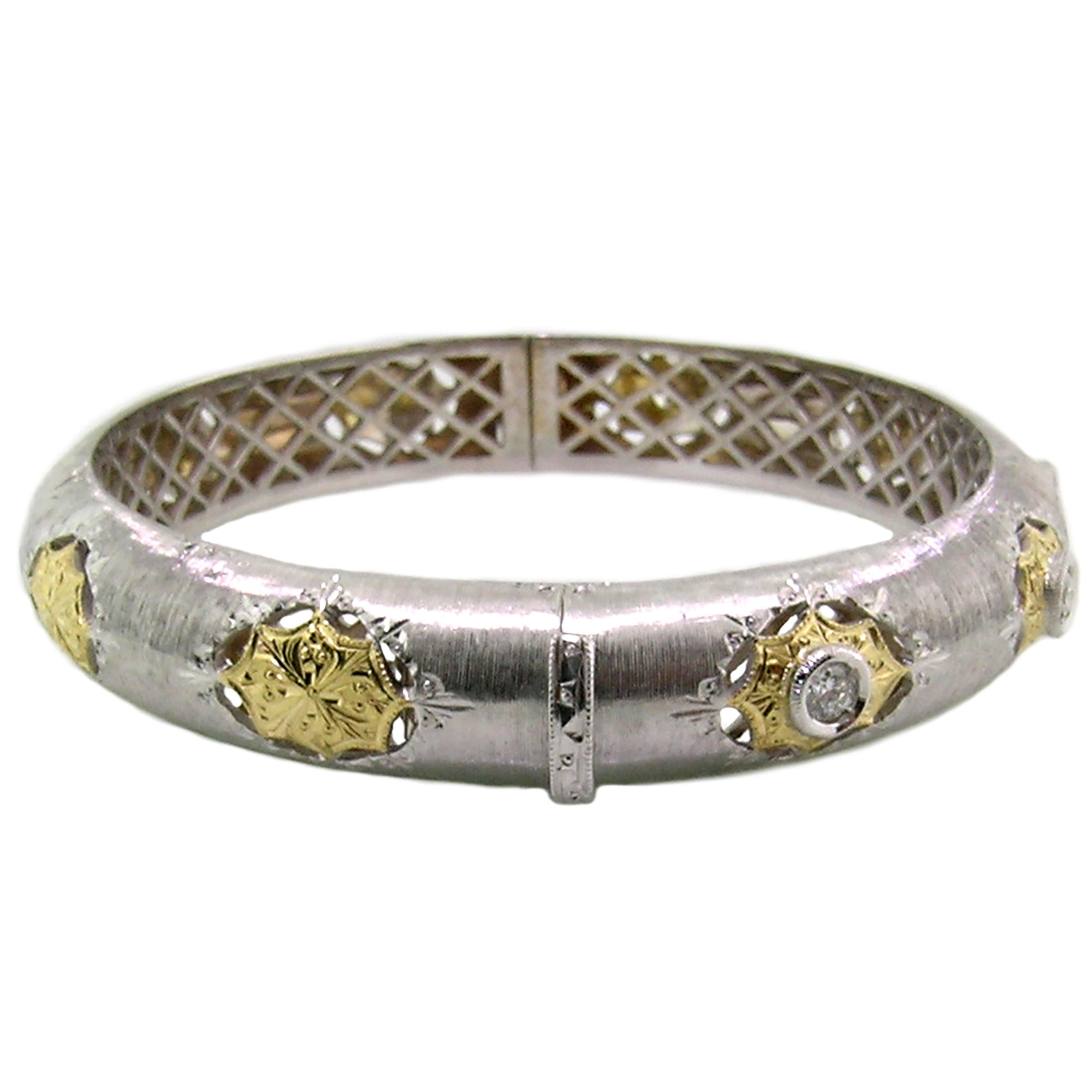 Round Cut 18kt Gold and Diamond Florentine Engraved Bangle, Handmade in Italy