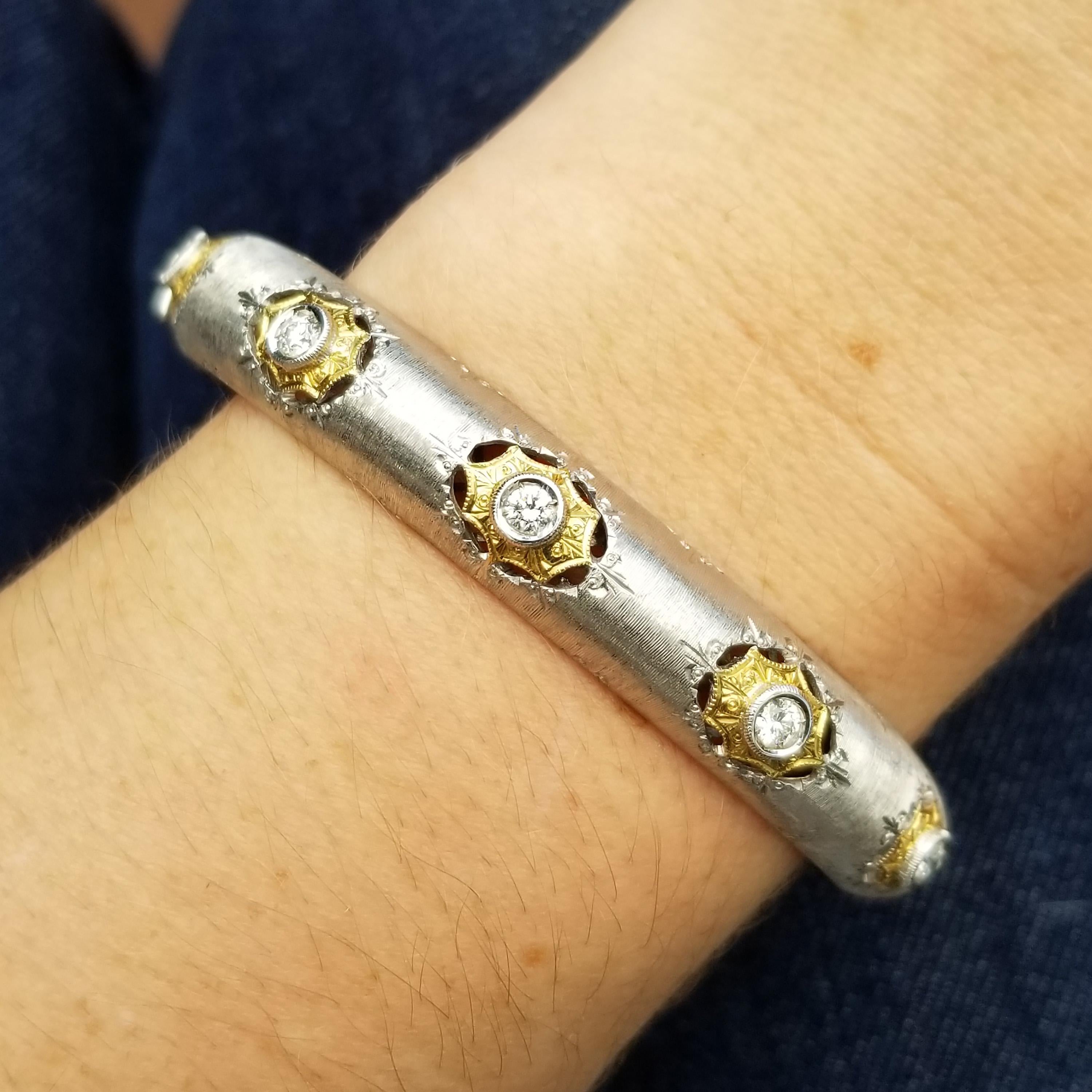 18kt Gold and Diamond Florentine Engraved Bangle, Handmade in Italy In New Condition In Logan, UT