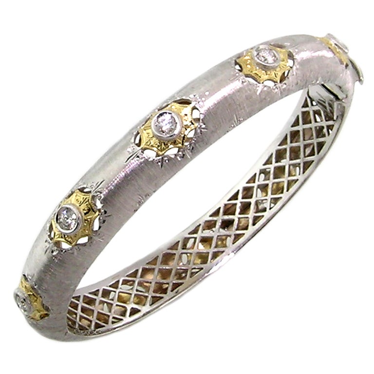 18kt Gold and Diamond Florentine Engraved Bangle, Handmade in Italy For