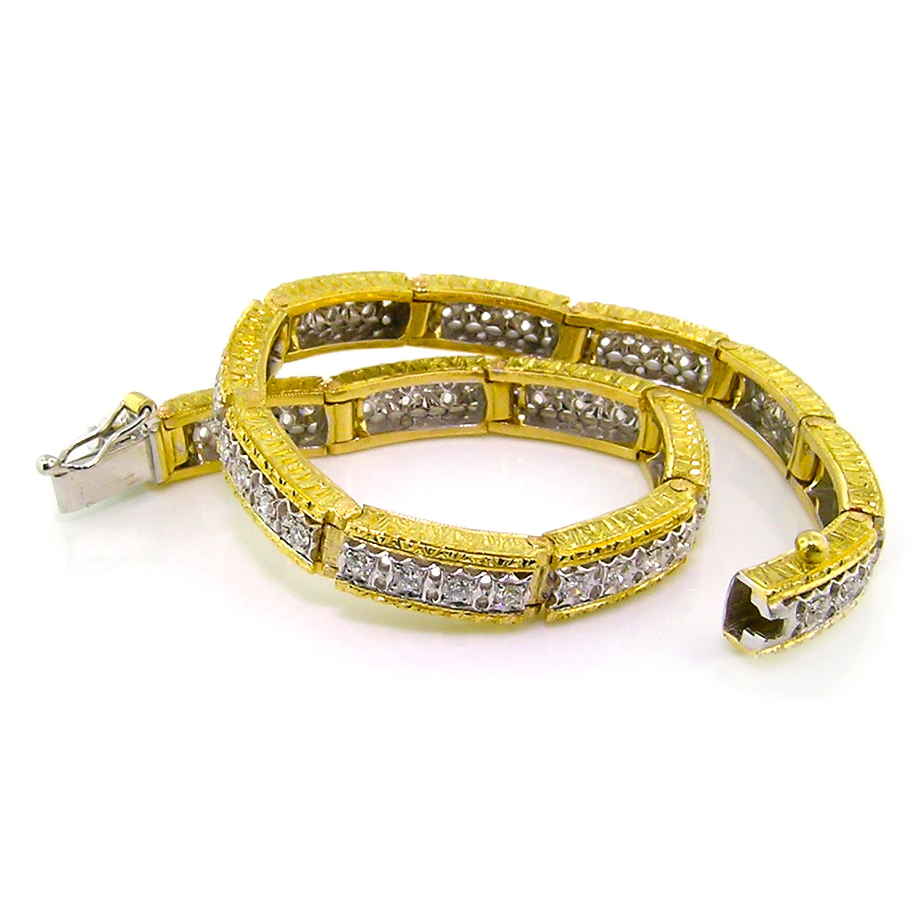 18kt Gold and Diamond Florentine Engraved Bracelet, Handmade in Italy In New Condition For Sale In Logan, UT