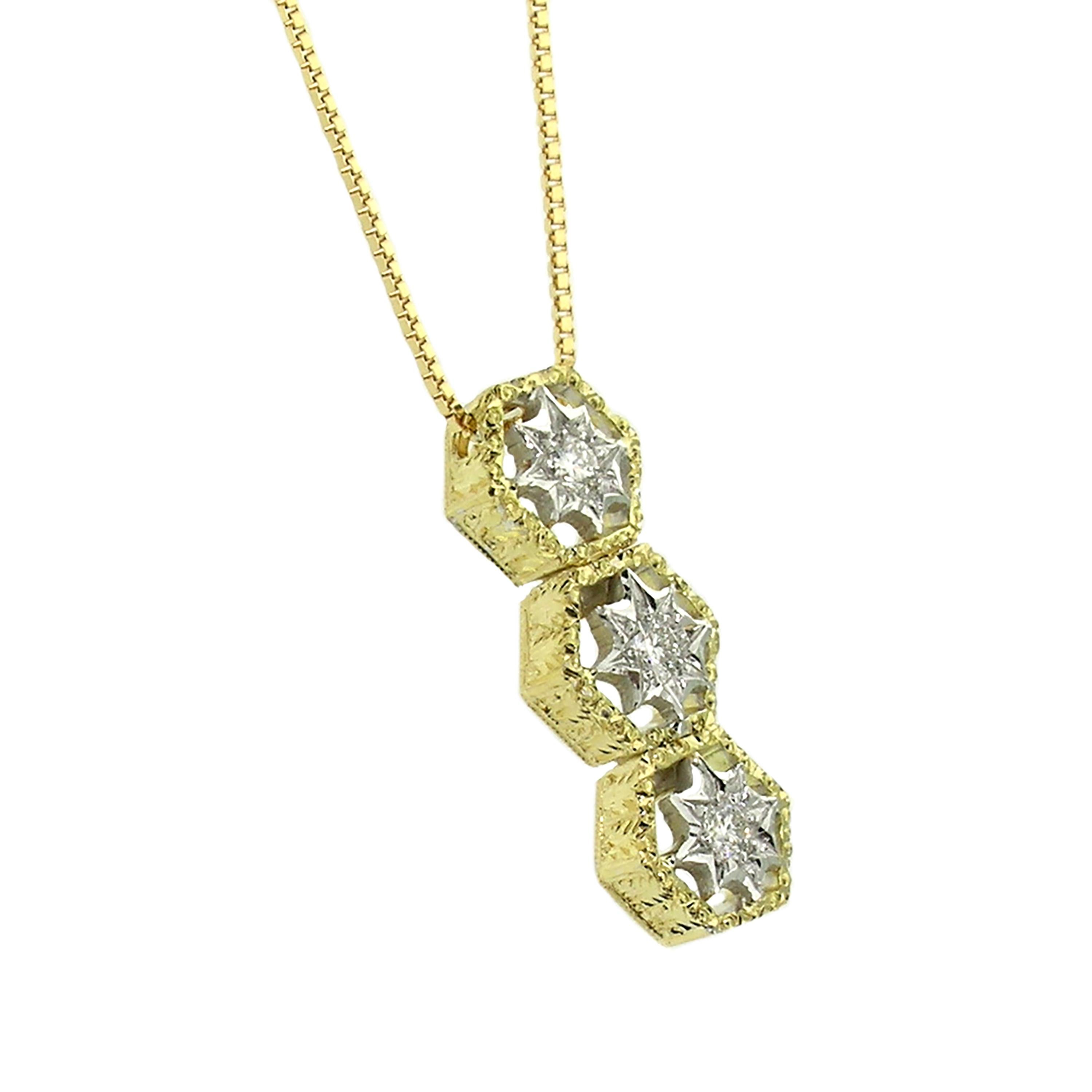 Round Cut 18kt Gold and Diamond Necklace, Hand Engraved and Handmade in Italy