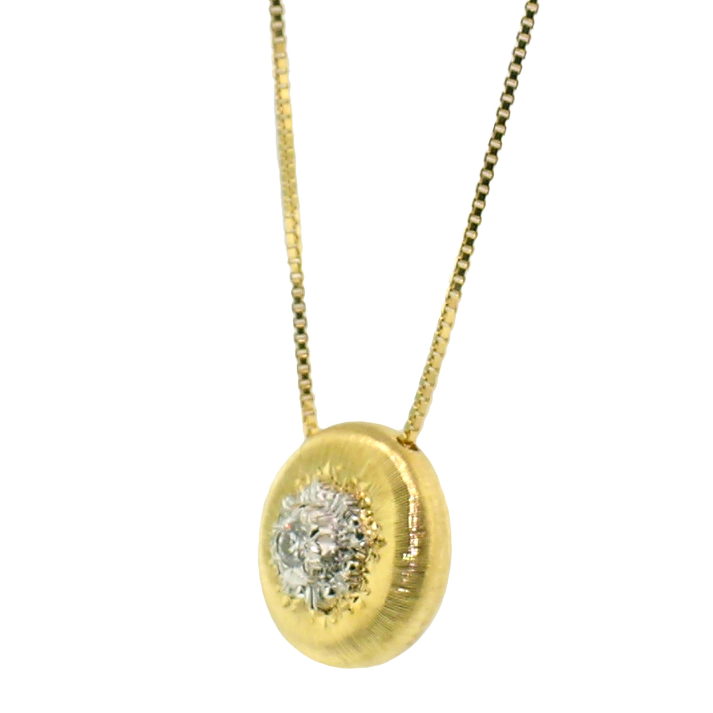 Round Cut 18kt Gold and Diamond Pendant Necklace, Handmade and Hand Engraved in Italy