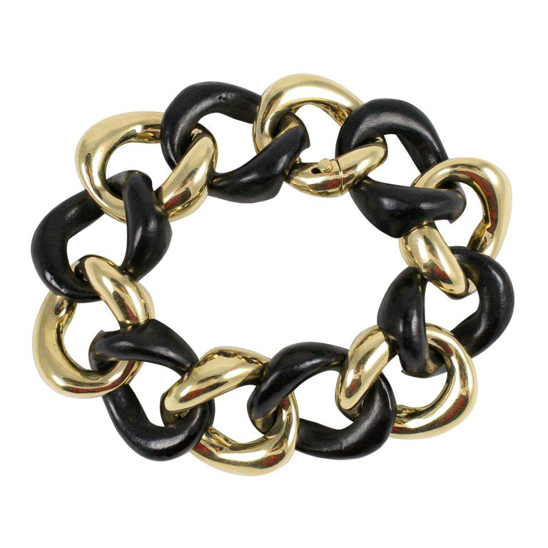 18kt Gold and Ebony Wood Link Bracelet For Sale