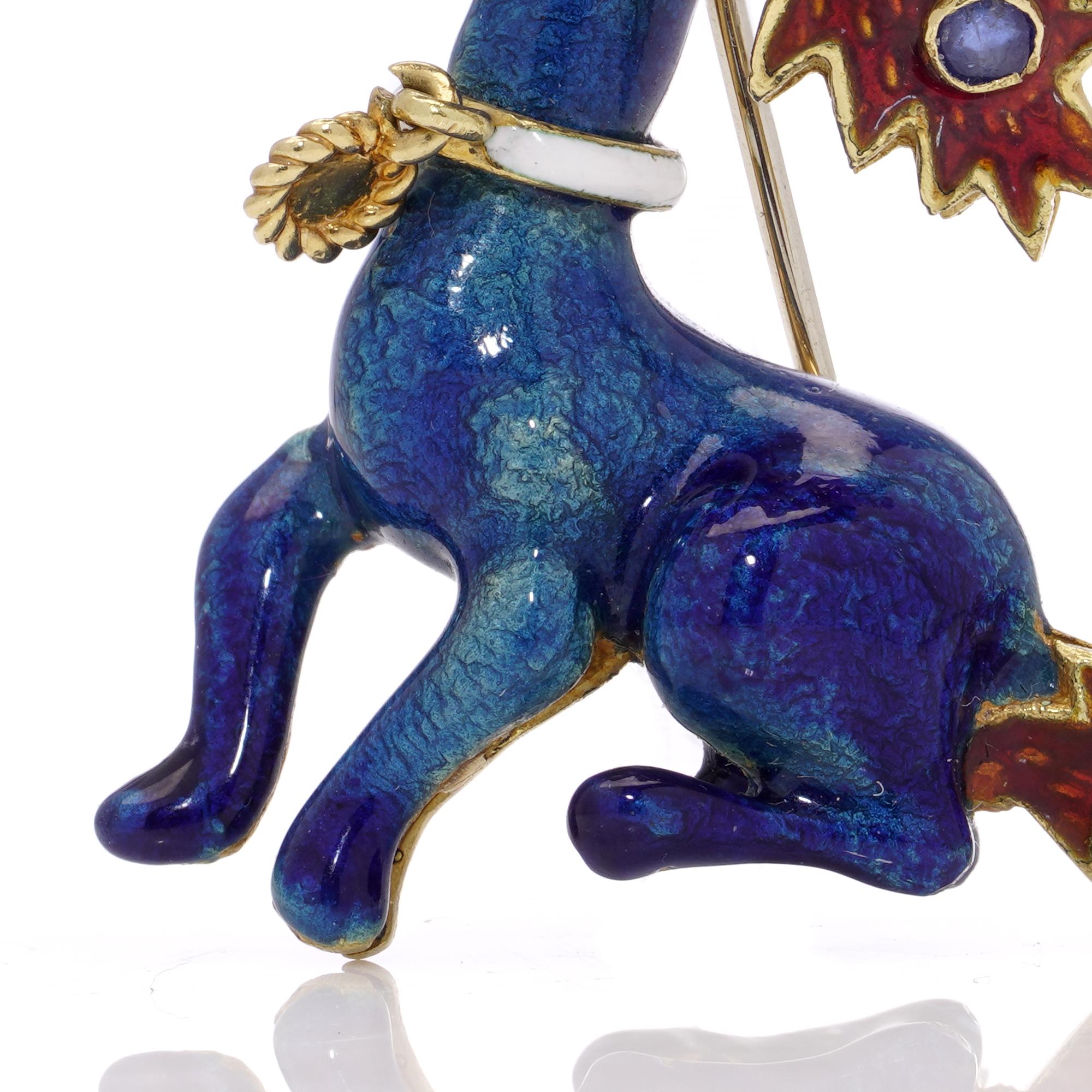 Broche fantaisiste chien caniche en or et émail 18 carats, sertie de saphirs et de rubis en vente 2