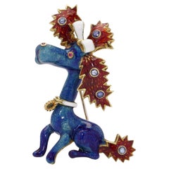 18kt gold and enamel whimsical poodle dog brooch, set with sapphires and rubies