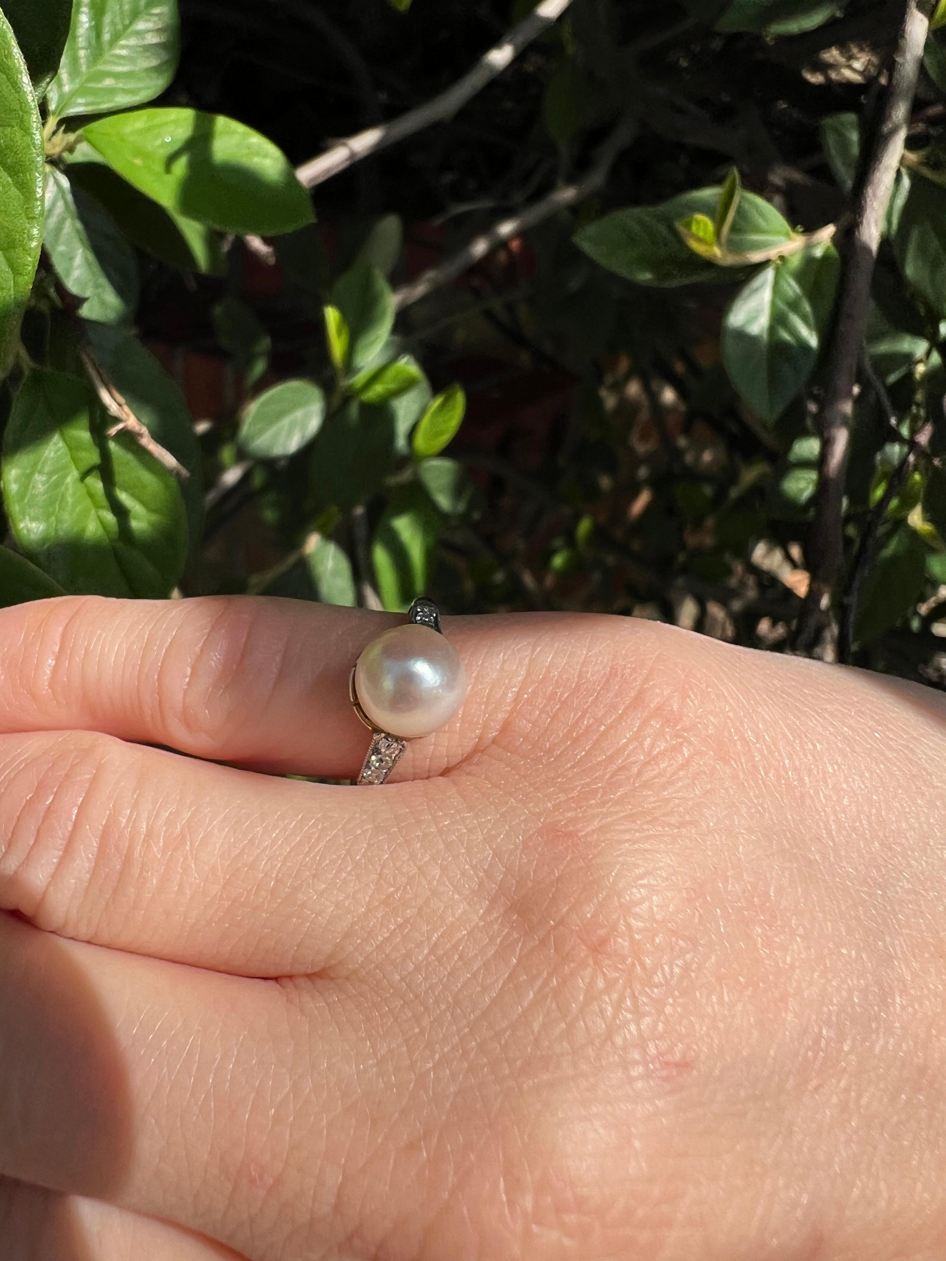 Vintage 18kt. yellow gold and Palladium Cultured Saltwater pearl and Diamond extra small size ring.
Made in Circa 1930-1940s
X-ray has been tested positive for 18kt gold and palladium.

Dimensions -
Ring Size (UK) = E 1/2 (EU) = 43.4 (US) =