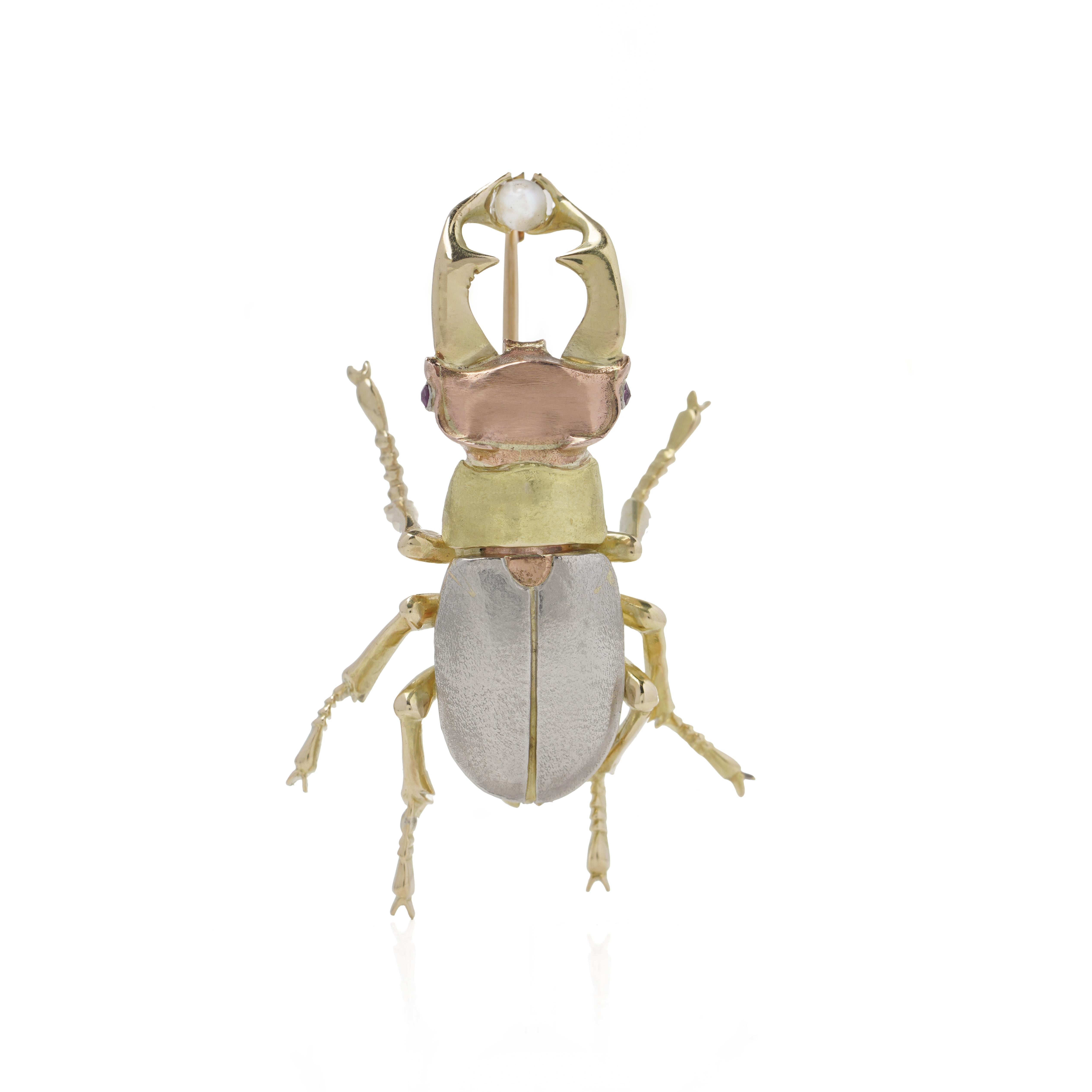 broche escarabajo de oro de 18 quilates y platino en venta 1