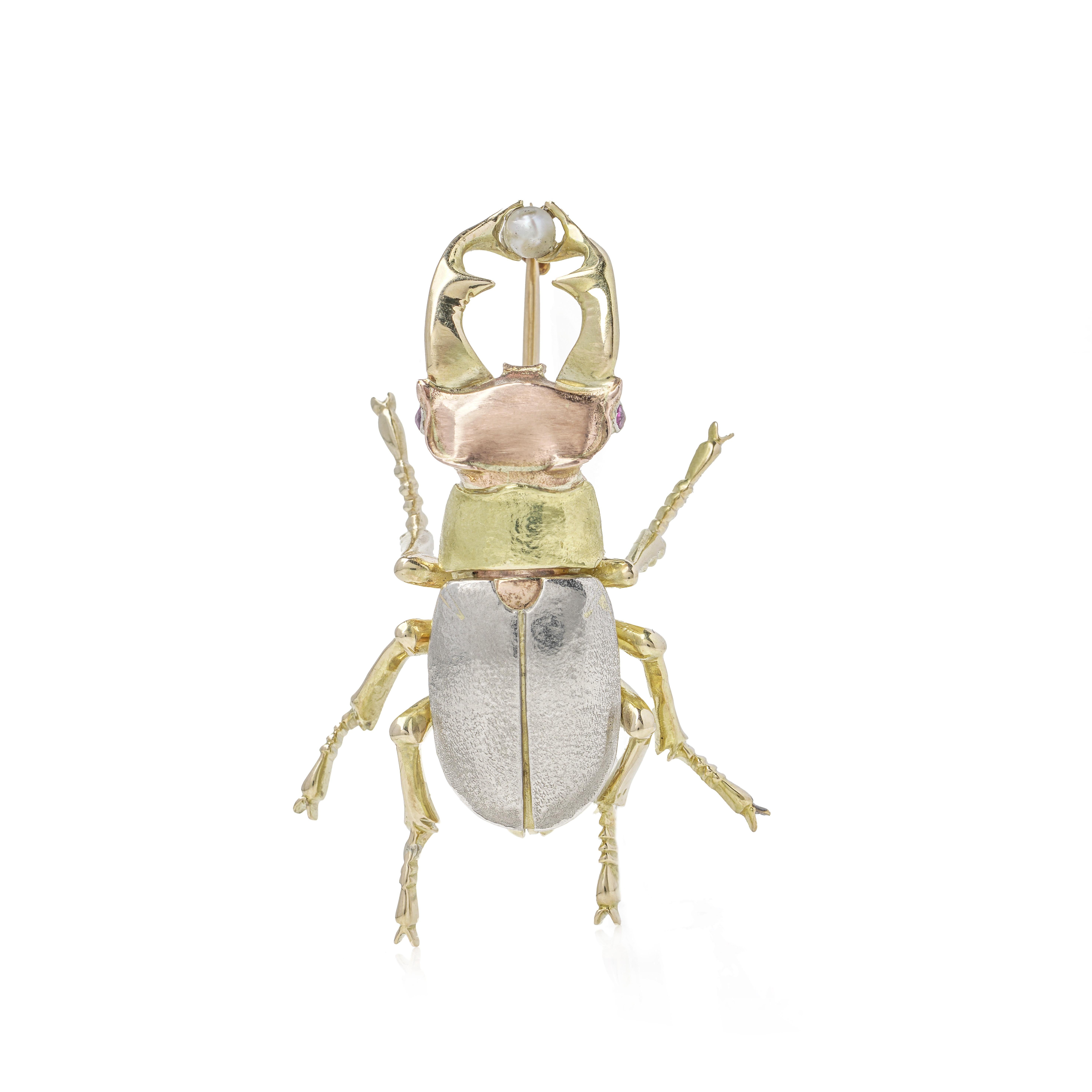 broche escarabajo de oro de 18 quilates y platino en venta 6