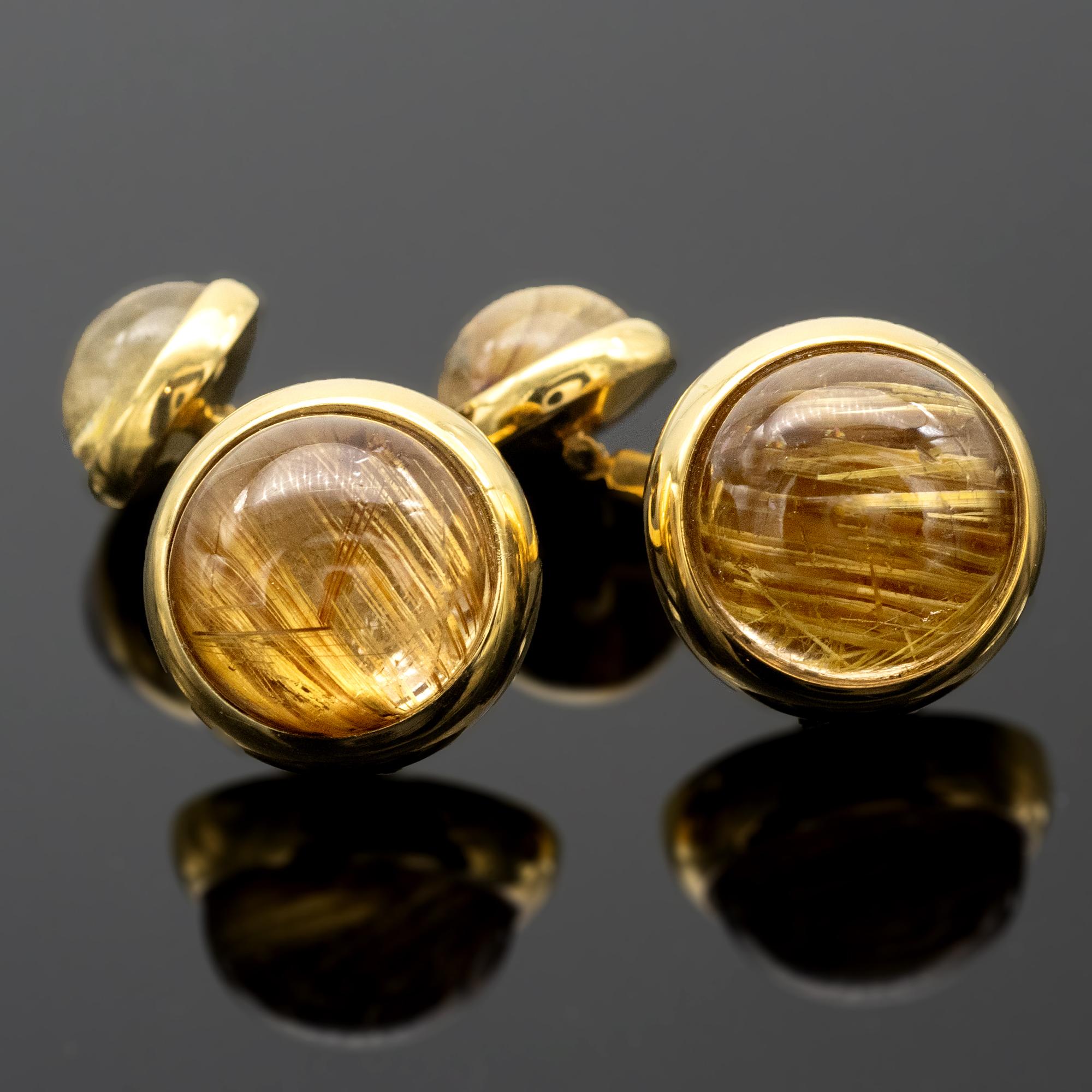 Cabochon 18KT. Gold  and Rutilated Quartz Cufflinks  For Sale